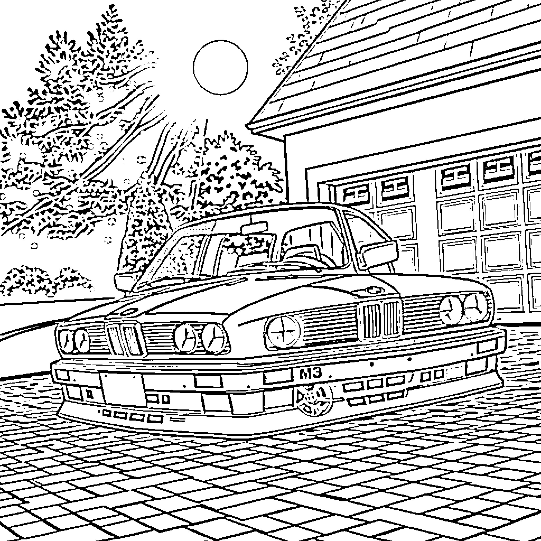 BMW M3 parked in front of a building on a sunny day Coloring Page (free black-and-white line drawing printable PDF for all, from beginners to advanced learners, including children, teens, adults, and seniors)