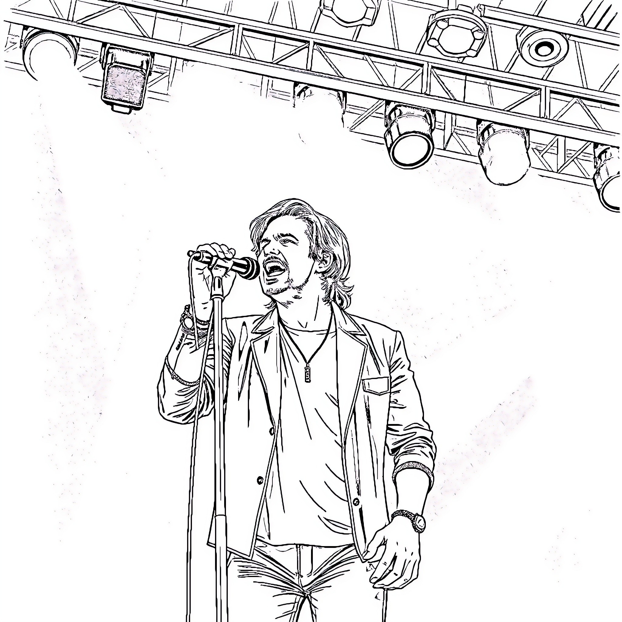 Ville Valo performing on stage with a microphone Coloring Page (free black-and-white line drawing printable PDF for all, from beginners to advanced learners, including children, teens, adults, and seniors)