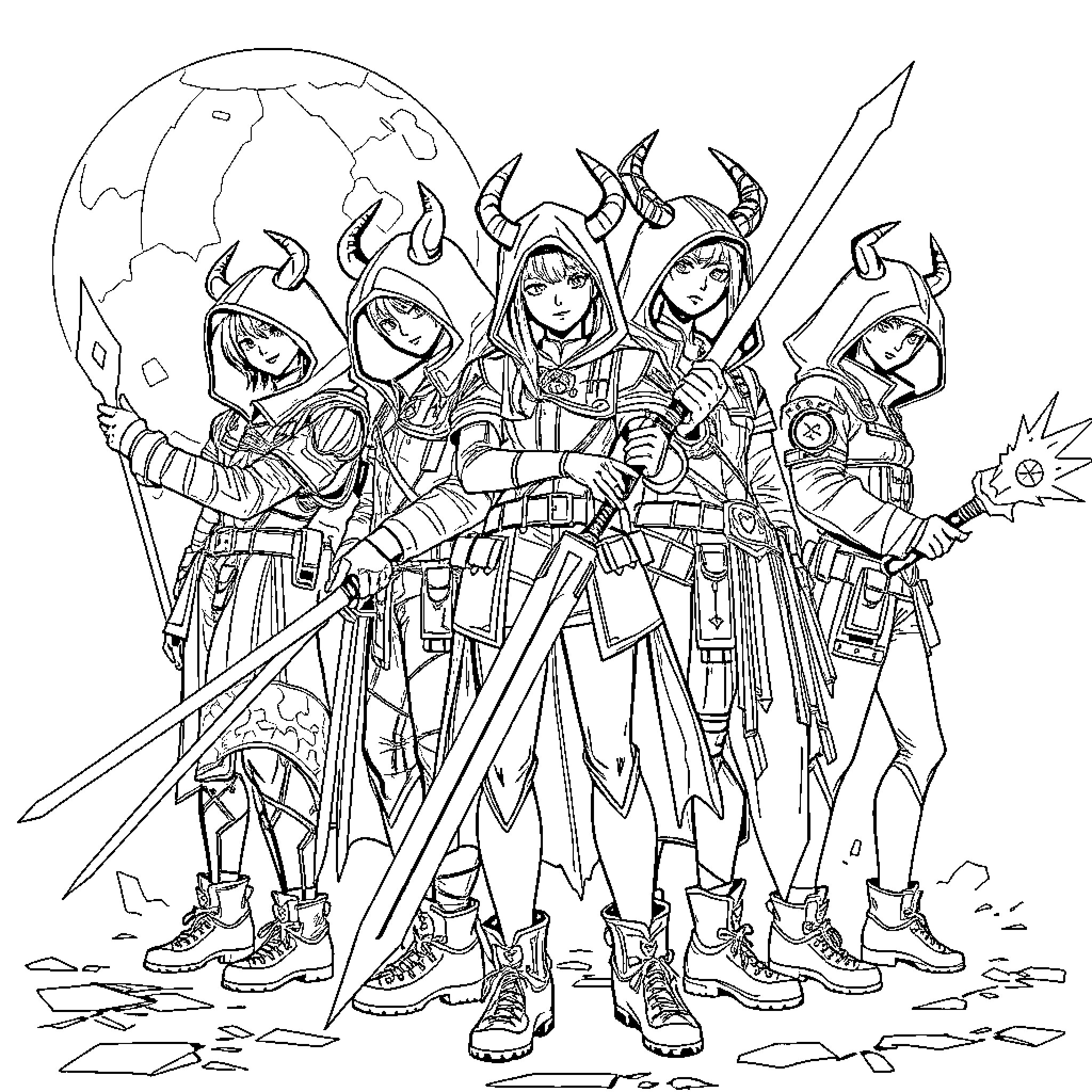 Demon Hunter squad with weapons and armor Coloring Page (free black-and-white line drawing printable PDF for all, from beginners to advanced learners, including children, teens, adults, and seniors)
