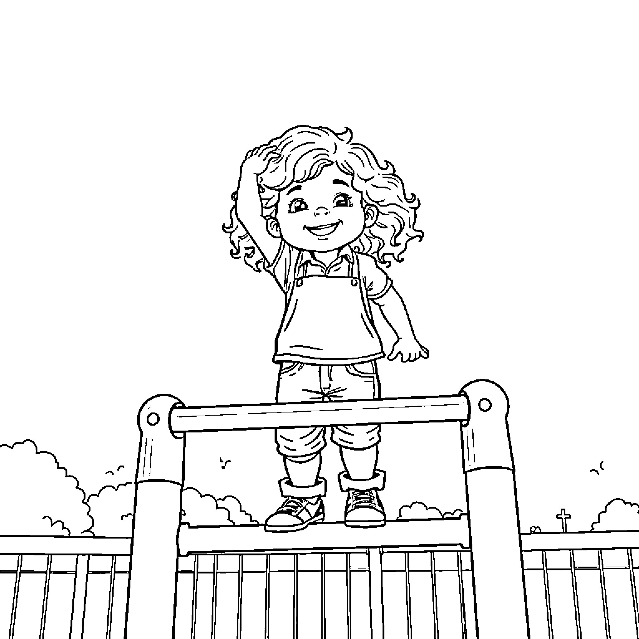 Child playing happily on the playground equipment Coloring Page (free black-and-white line drawing printable PDF for all, from beginners to advanced learners, including children, teens, adults, and seniors)