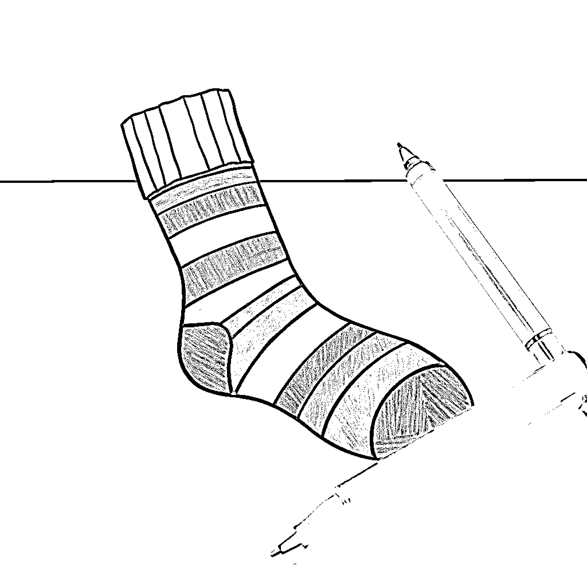Sock being repaired with a sewing needle Coloring Page (free black-and-white line drawing printable PDF for all, from beginners to advanced learners, including children, teens, adults, and seniors)