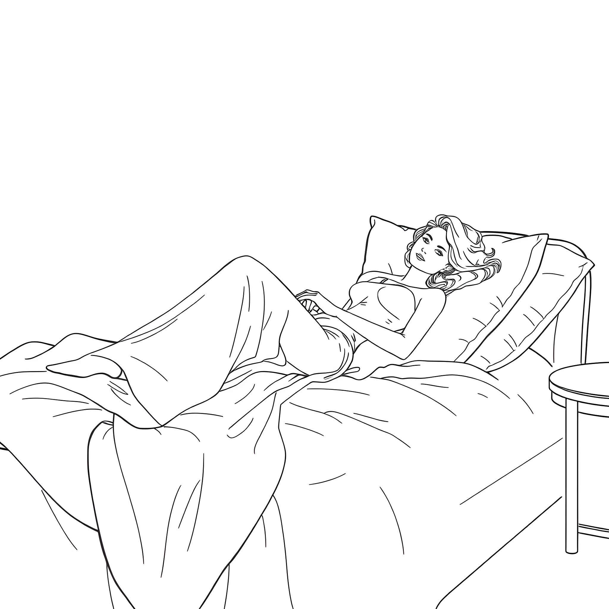 Woman relaxing comfortably on the couch Coloring Page (free black-and-white line drawing printable PDF for all, from beginners to advanced learners, including children, teens, adults, and seniors)