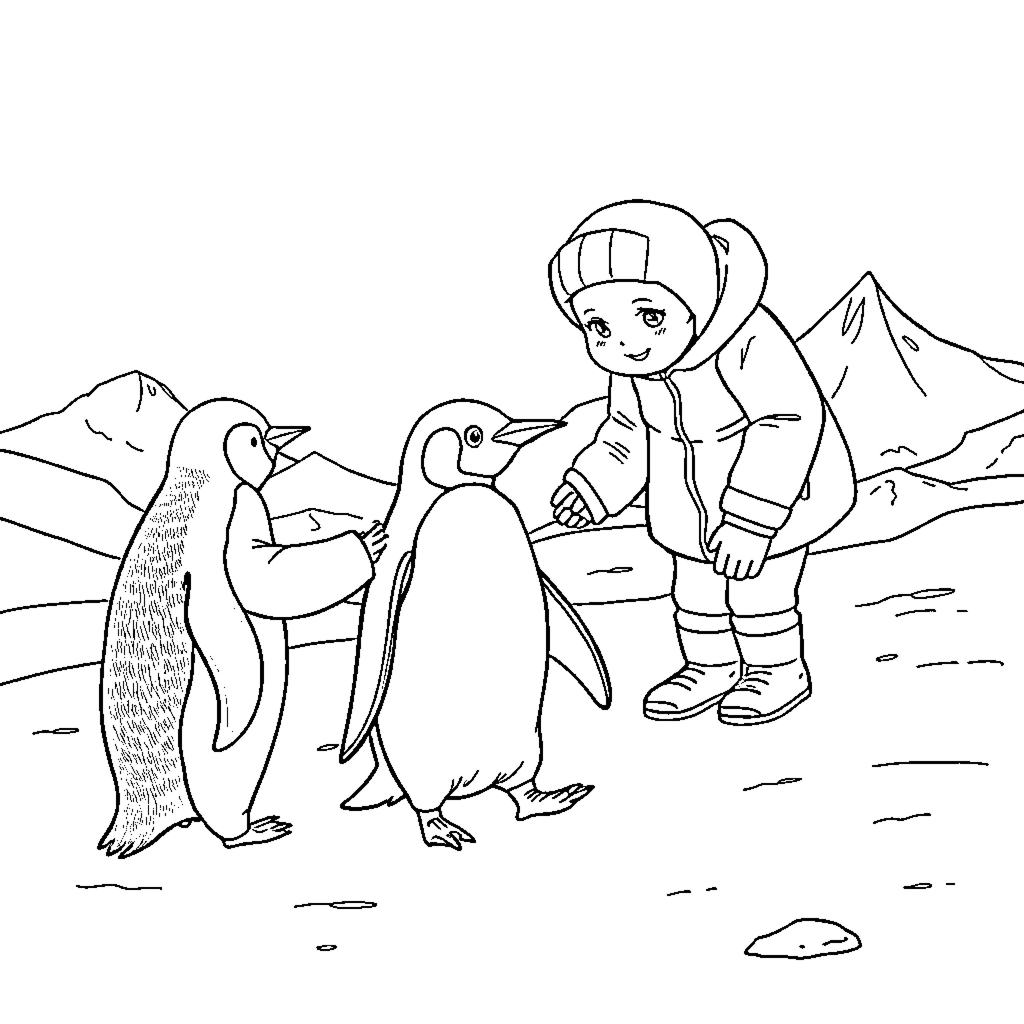Person exploring with penguins in the arctic landscape Coloring Page (free black-and-white line drawing printable PDF for all, from beginners to advanced learners, including children, teens, adults, and seniors)