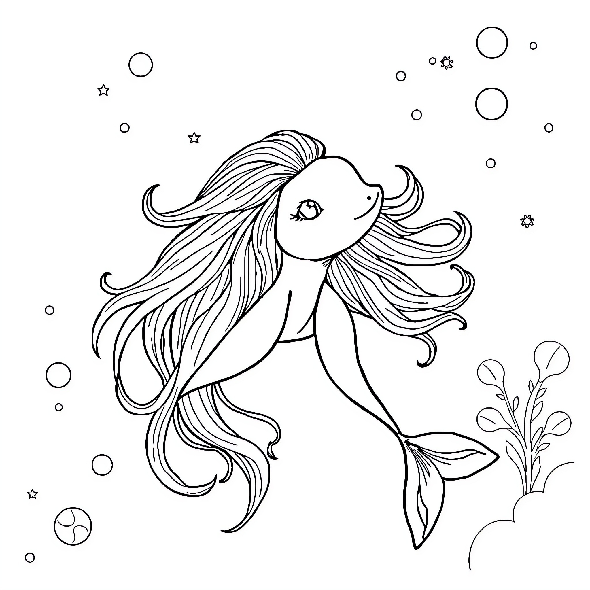 Zodiac Mermaid Swimming Amidst Bubbles and Stars Coloring Page (free black-and-white line drawing printable PDF for all, from beginners to advanced learners, including children, teens, adults, and seniors)