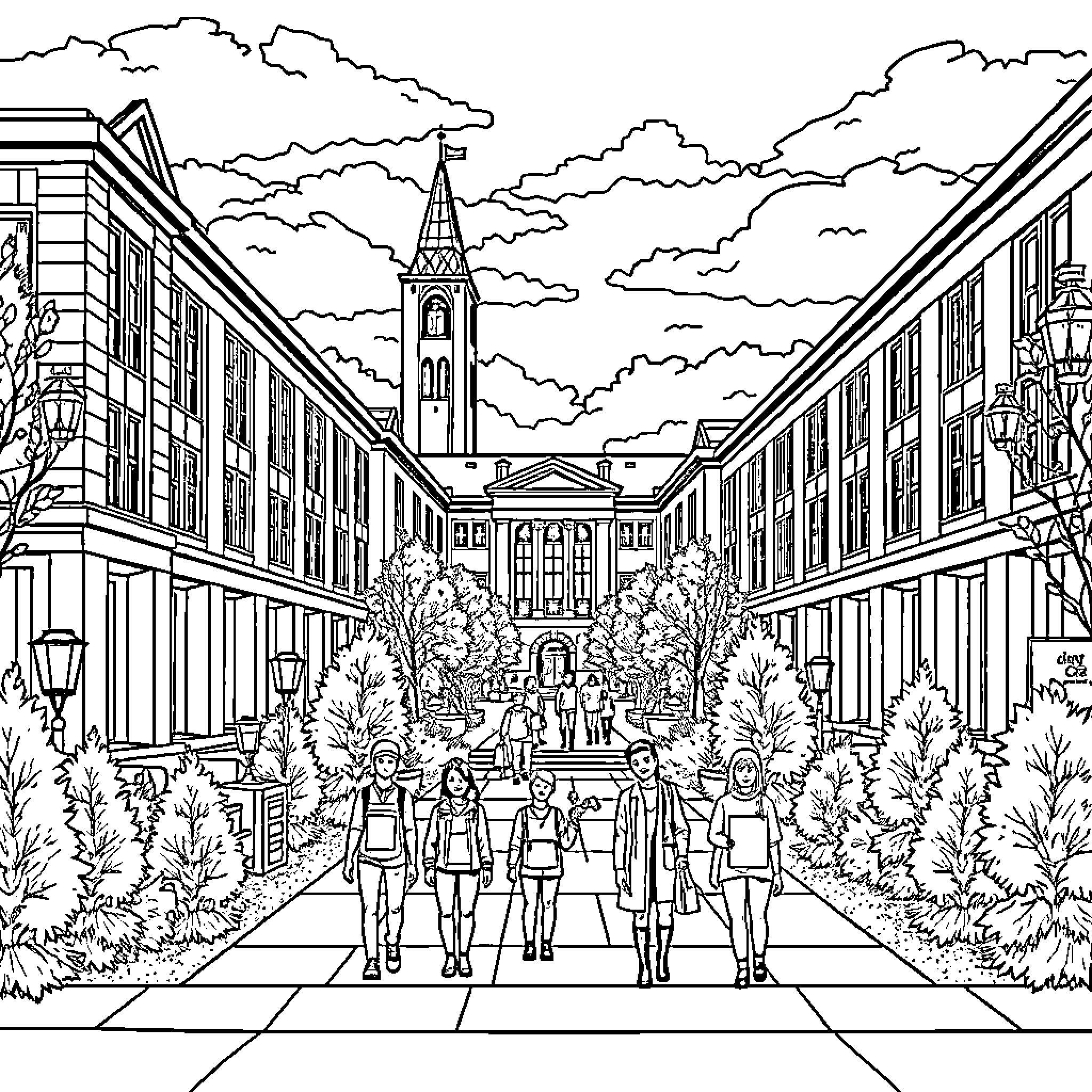 University campus with historic buildings and students Coloring Page (free black-and-white line drawing printable PDF for all, from beginners to advanced learners, including children, teens, adults, and seniors)
