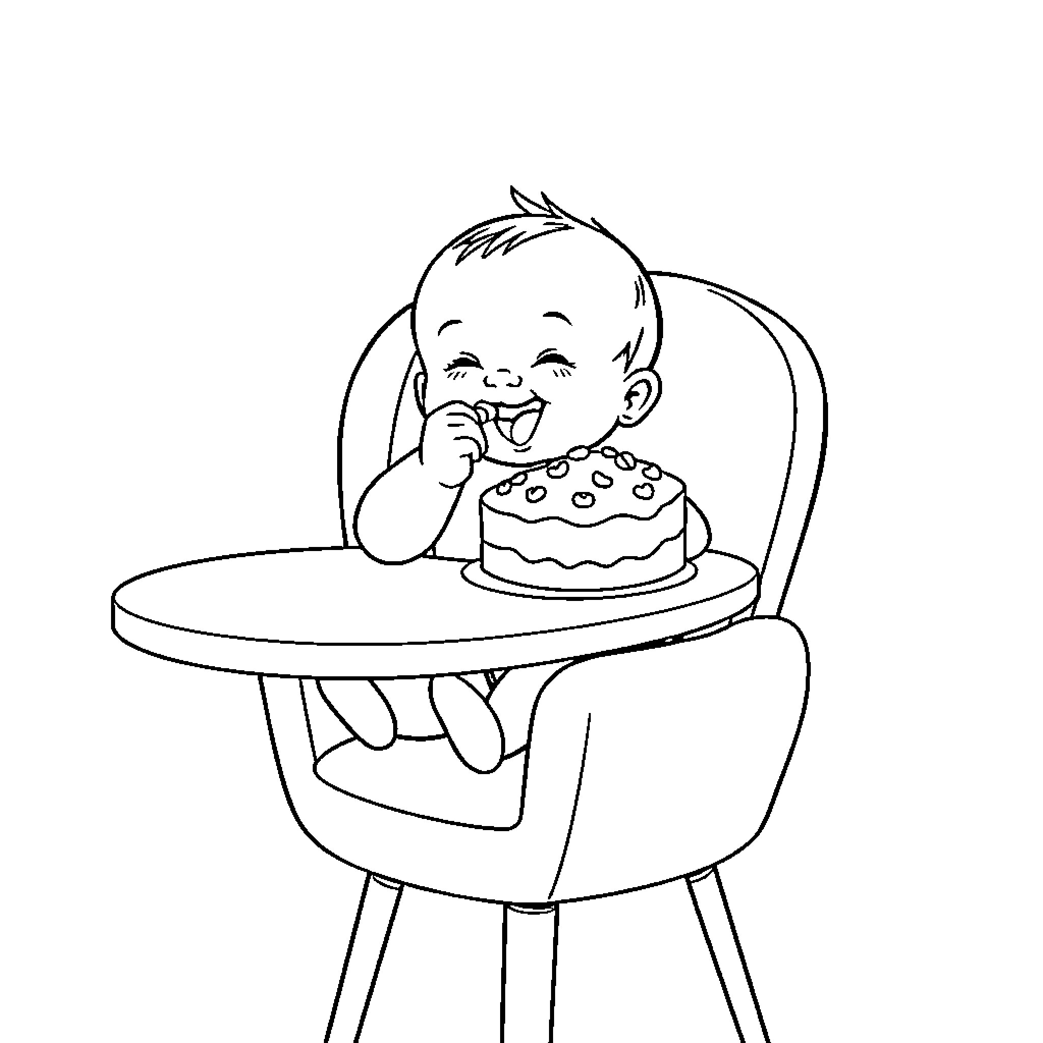 Baby Enjoying Birthday Cake in High Chair Coloring Page (free black-and-white line drawing printable PDF for all, from beginners to advanced learners, including children, teens, adults, and seniors)