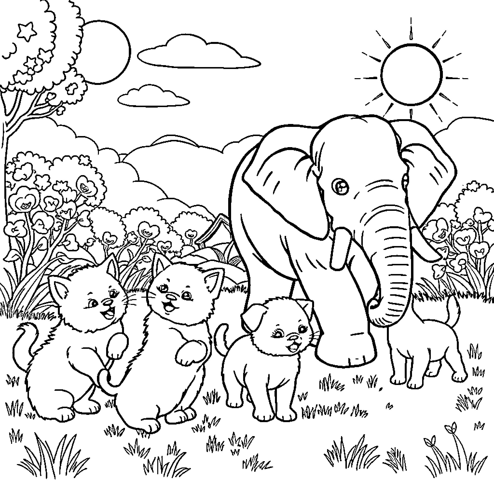 Kitty friends with elephant in the jungle Coloring Page (free black-and-white line drawing printable PDF for all, from beginners to advanced learners, including children, teens, adults, and seniors)