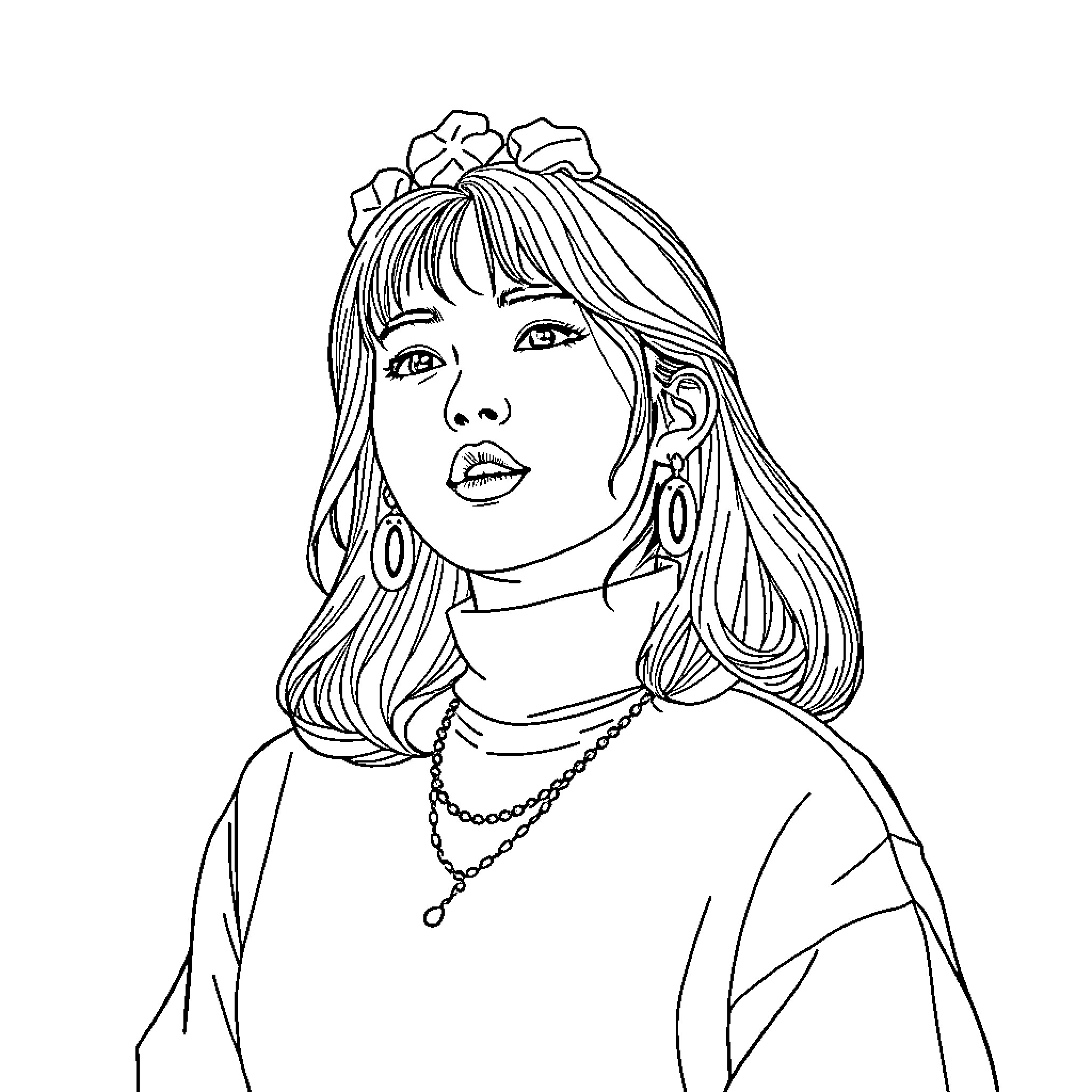 Rumi's contemplative expression with ornate hair accessories Coloring Page (free black-and-white line drawing printable PDF for all, from beginners to advanced learners, including children, teens, adults, and seniors)