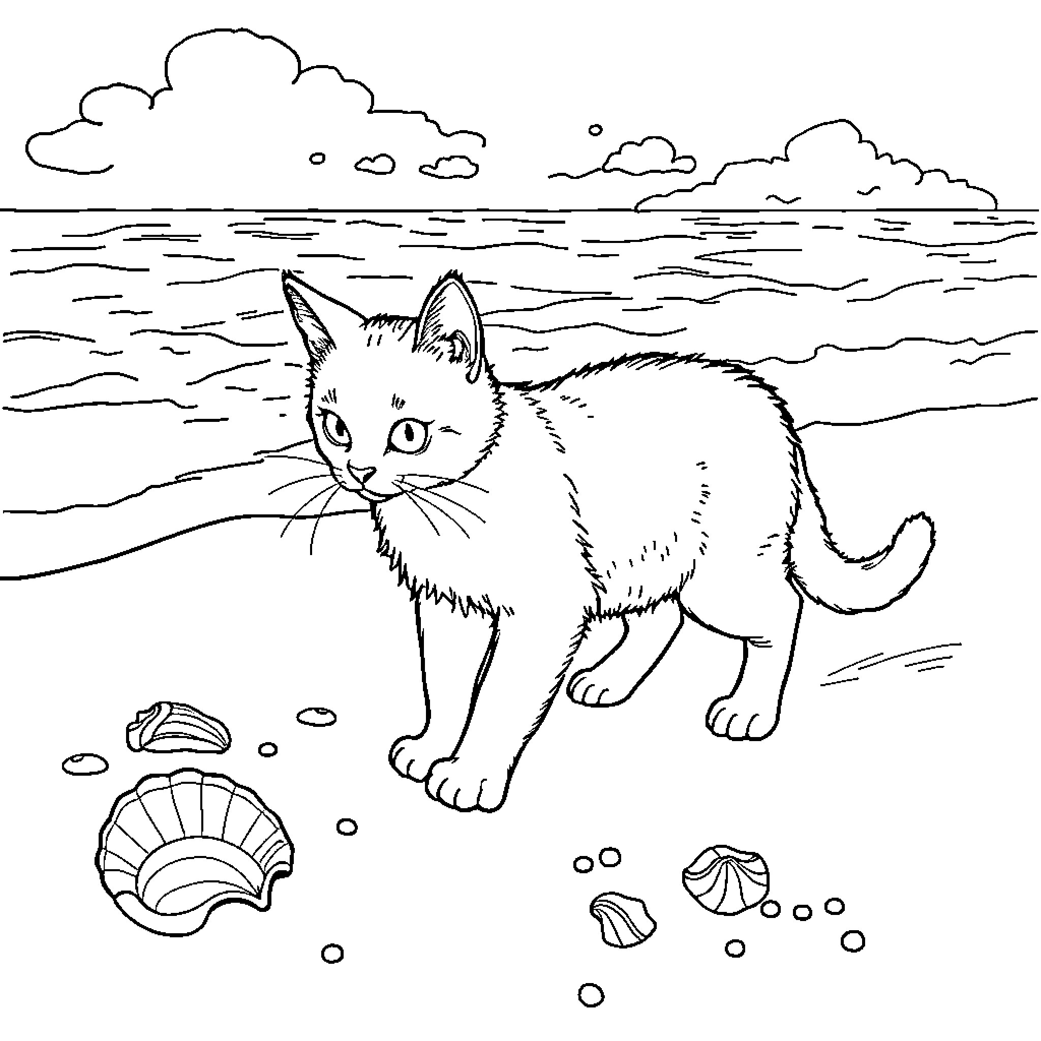 Cat exploring the beach Coloring Page (free black-and-white line drawing printable PDF for all, from beginners to advanced learners, including children, teens, adults, and seniors)