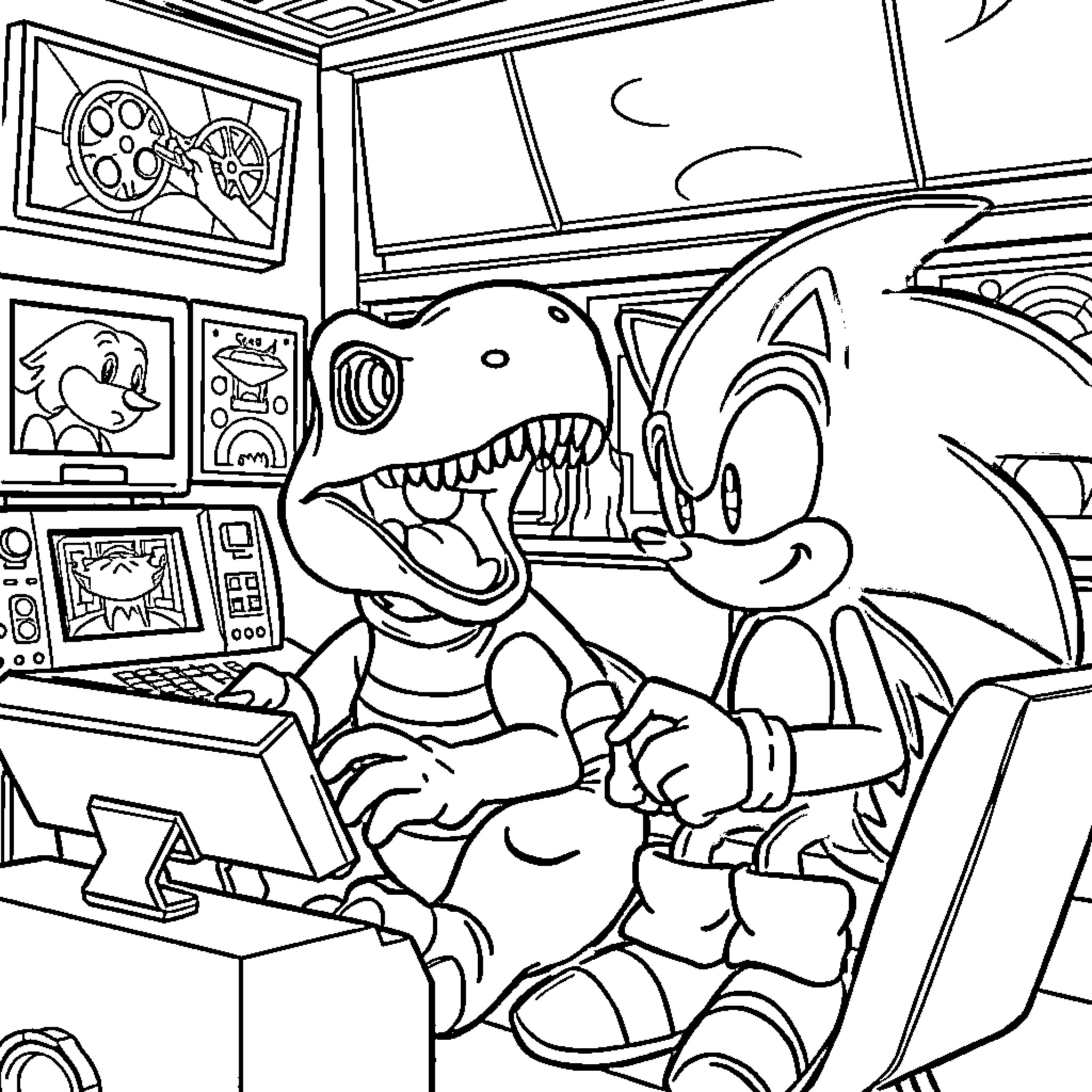 T-Rex and Sonic the Hedgehog gaming in a retro room Coloring Page (free black-and-white line drawing printable PDF for all, from beginners to advanced learners, including children, teens, adults, and seniors)