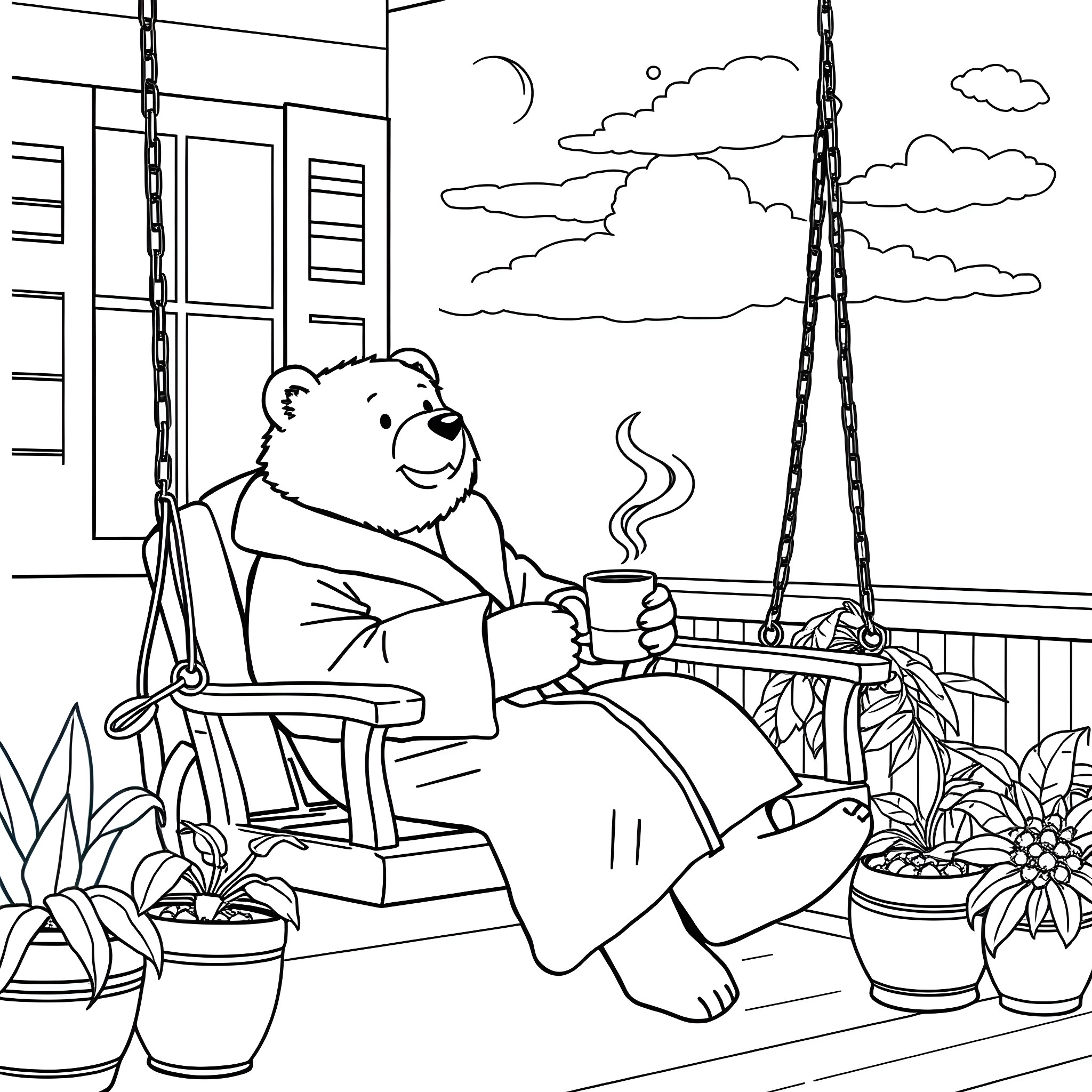 Bear relaxing on porch with warm drink Coloring Page (free black-and-white line drawing printable PDF for all, from beginners to advanced learners, including children, teens, adults, and seniors)