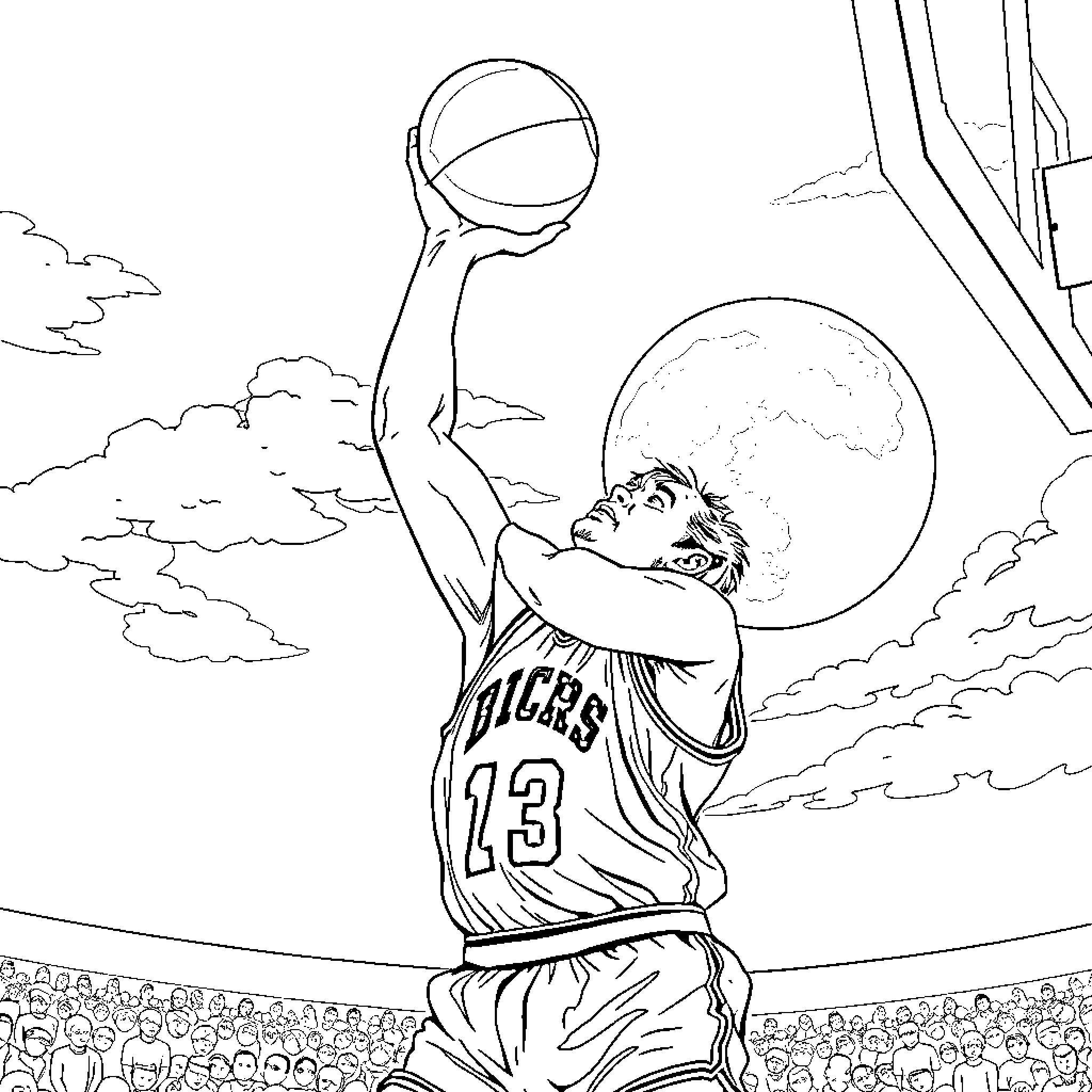 Larry Bird dunking the basketball in a game Coloring Page (free black-and-white line drawing printable PDF for all, from beginners to advanced learners, including children, teens, adults, and seniors)