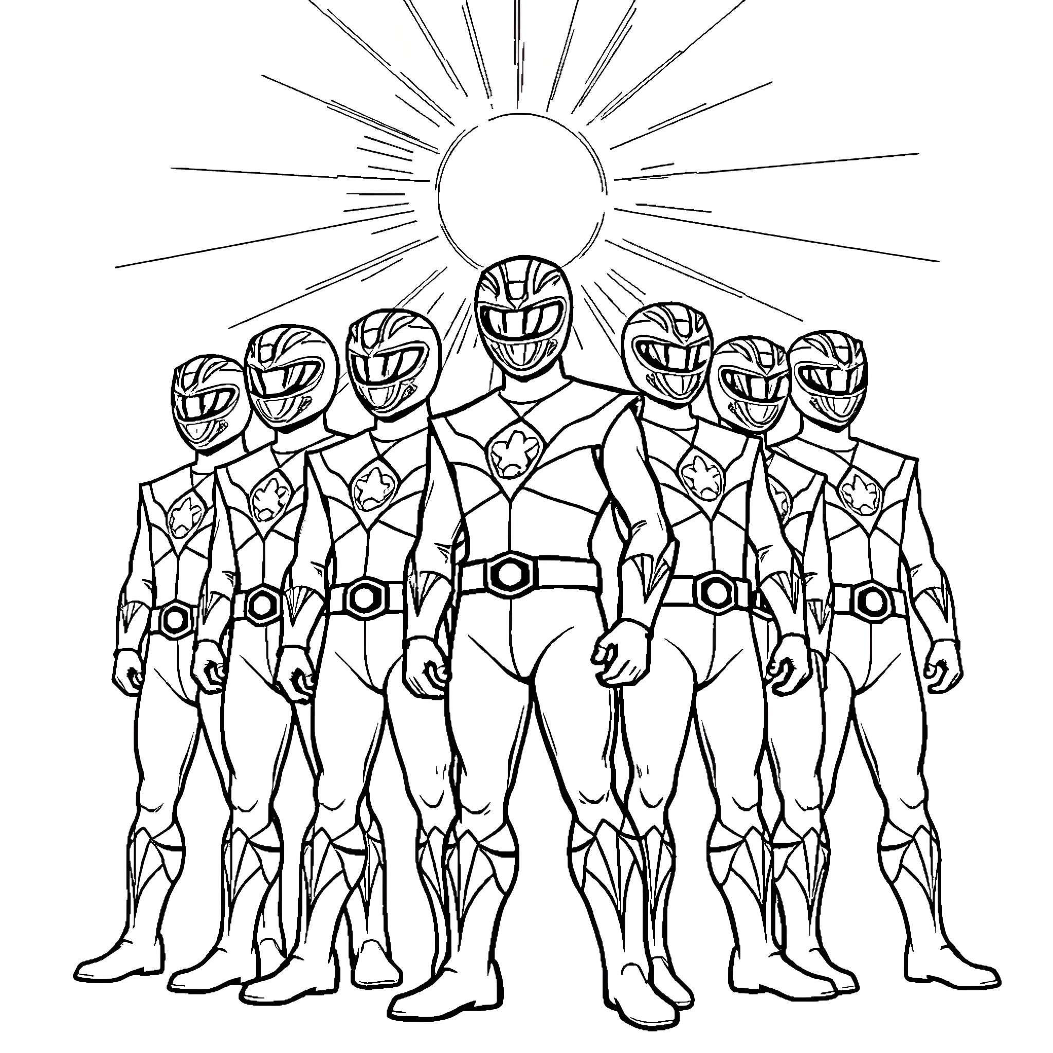Power Rangers Heroic Team Assembles Under Shining Sun Coloring Page (free black-and-white line drawing printable PDF for all, from beginners to advanced learners, including children, teens, adults, and seniors)