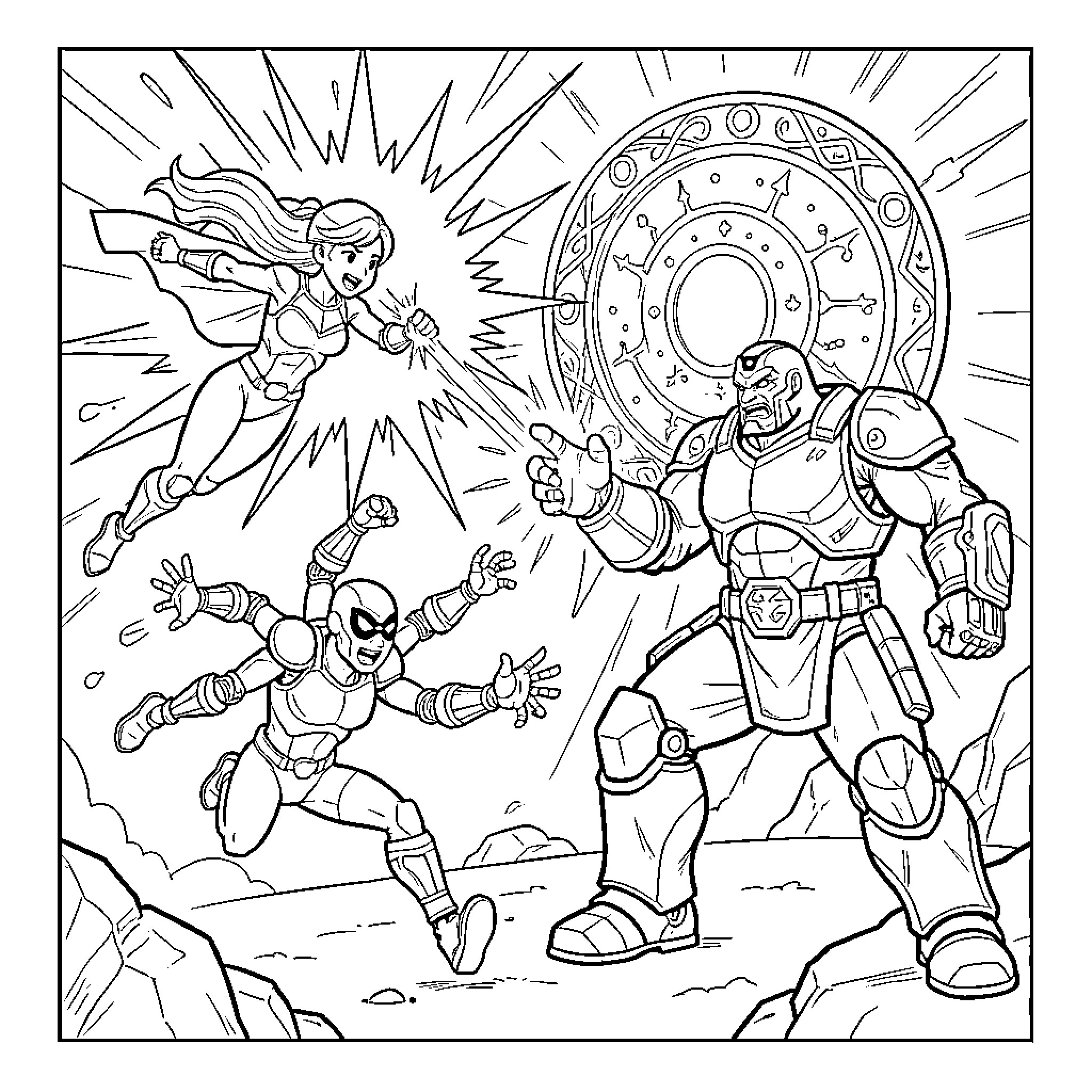 Superhero women battling a powerful giant villain Coloring Page (free black-and-white line drawing printable PDF for all, from beginners to advanced learners, including children, teens, adults, and seniors)