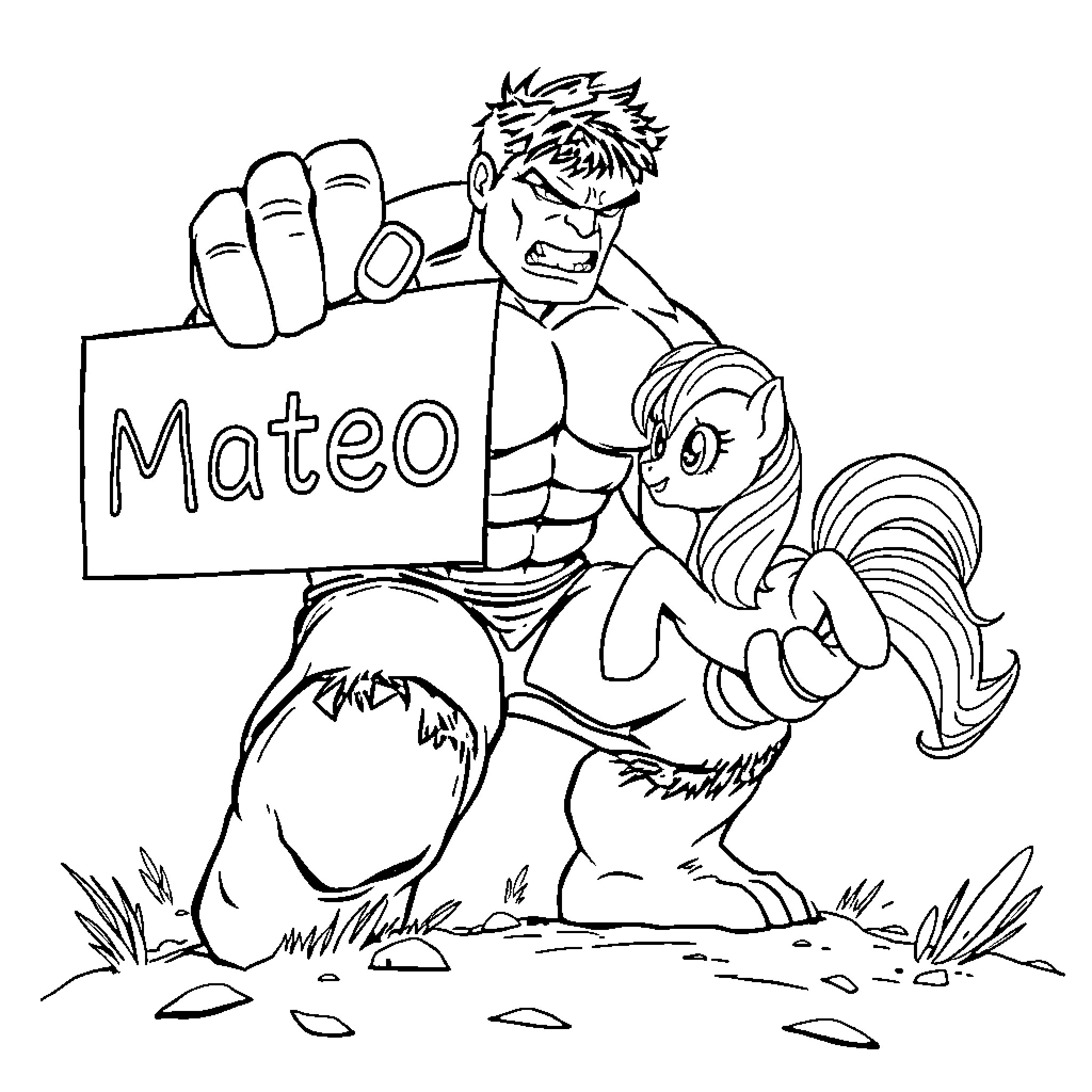 Hulk protesting with sign in hand Coloring Page (free black-and-white line drawing printable PDF for all, from beginners to advanced learners, including children, teens, adults, and seniors)