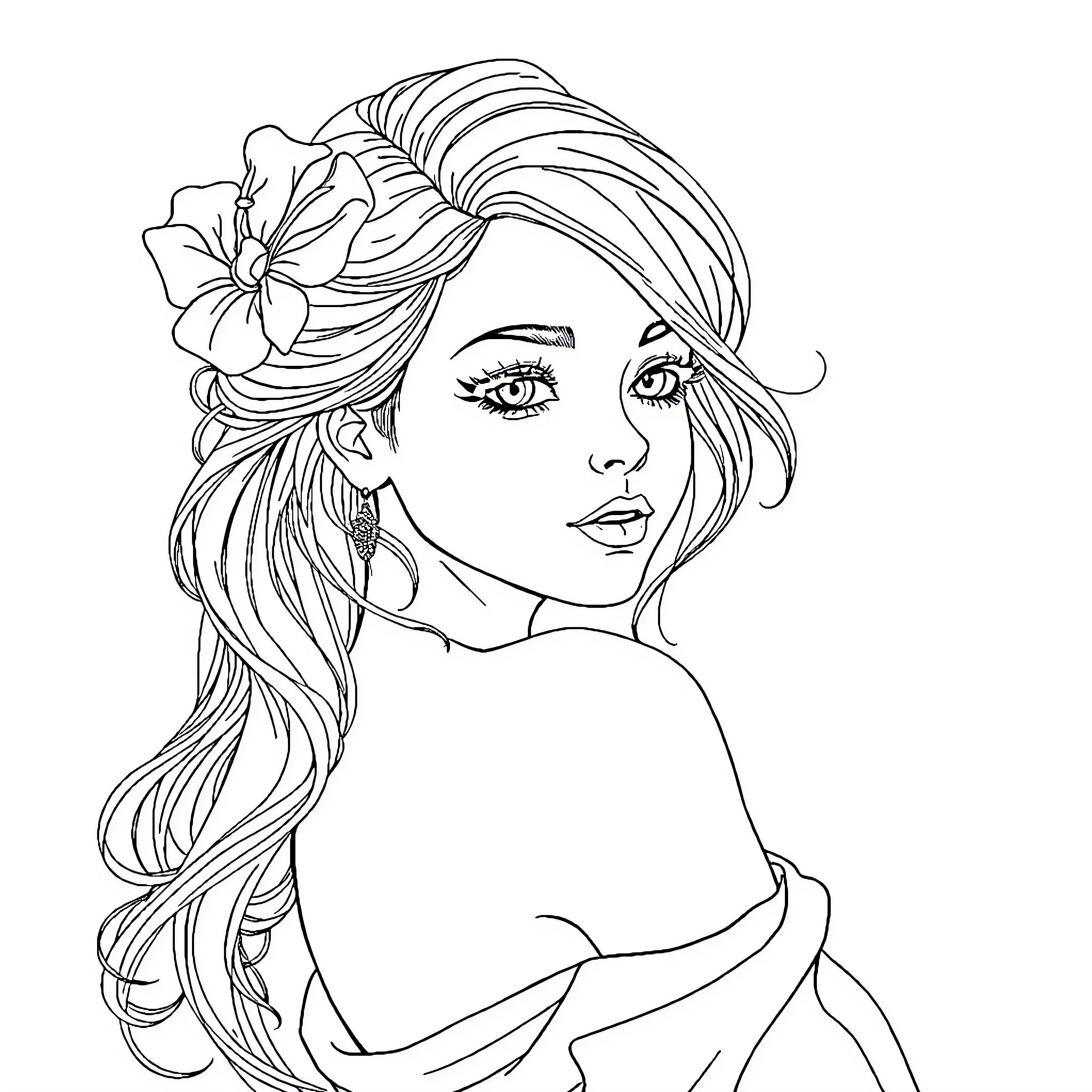 Girl with Flowing Hair and Flower Adornment Coloring Page (free black-and-white line drawing printable PDF for all, from beginners to advanced learners, including children, teens, adults, and seniors)