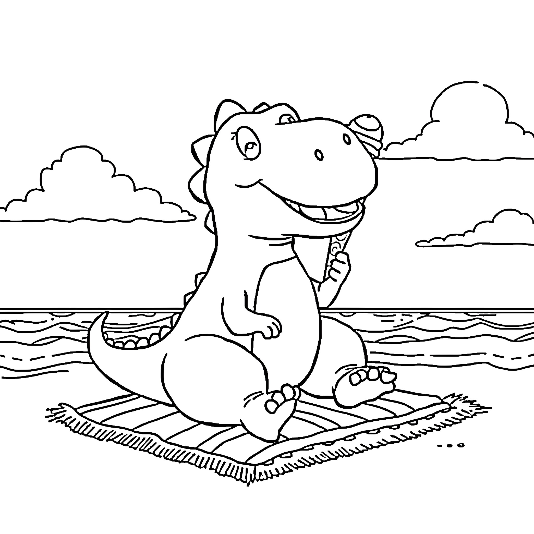Dinosaur enjoying a relaxing day at the beach Coloring Page (free black-and-white line drawing printable PDF for all, from beginners to advanced learners, including children, teens, adults, and seniors)