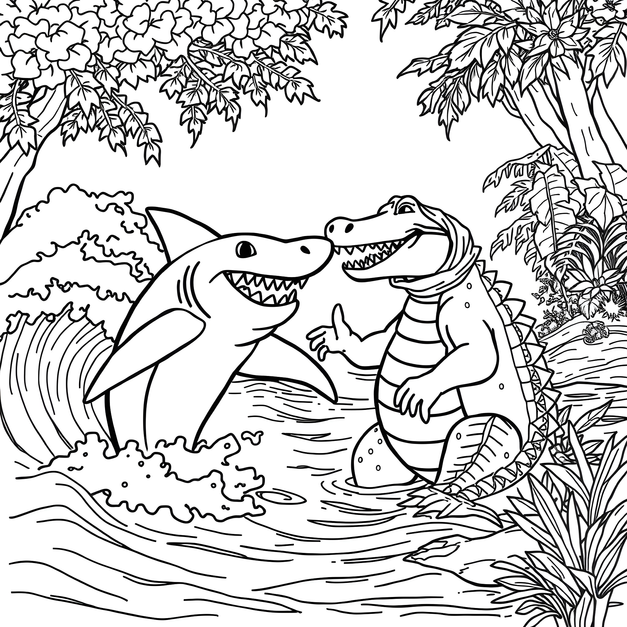 Shark playing with crocodile in tropical jungle Coloring Page (free black-and-white line drawing printable PDF for all, from beginners to advanced learners, including children, teens, adults, and seniors)
