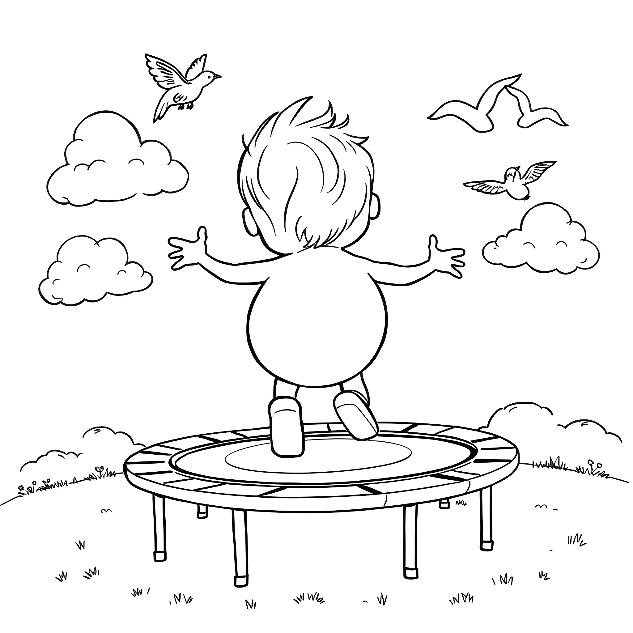 Butt Bouncing on Trampoline with Birds Coloring Page (free black-and-white line drawing printable PDF for all, from beginners to advanced learners, including children, teens, adults, and seniors)