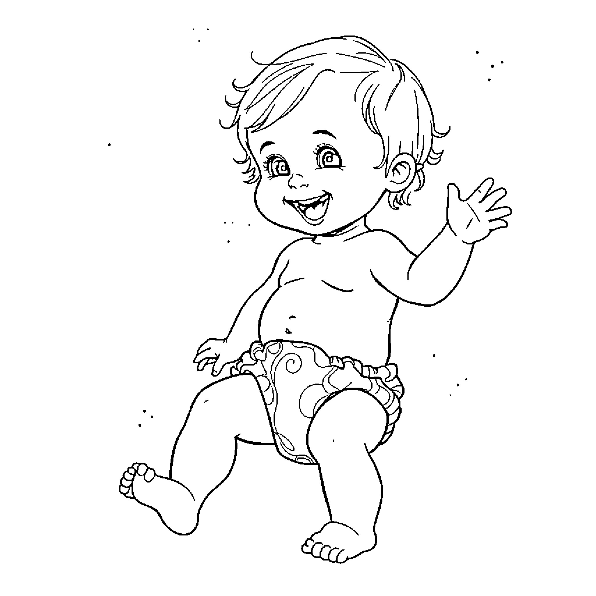 Little Girl Happily Waving Coloring Page (free black-and-white line drawing printable PDF for all, from beginners to advanced learners, including children, teens, adults, and seniors)