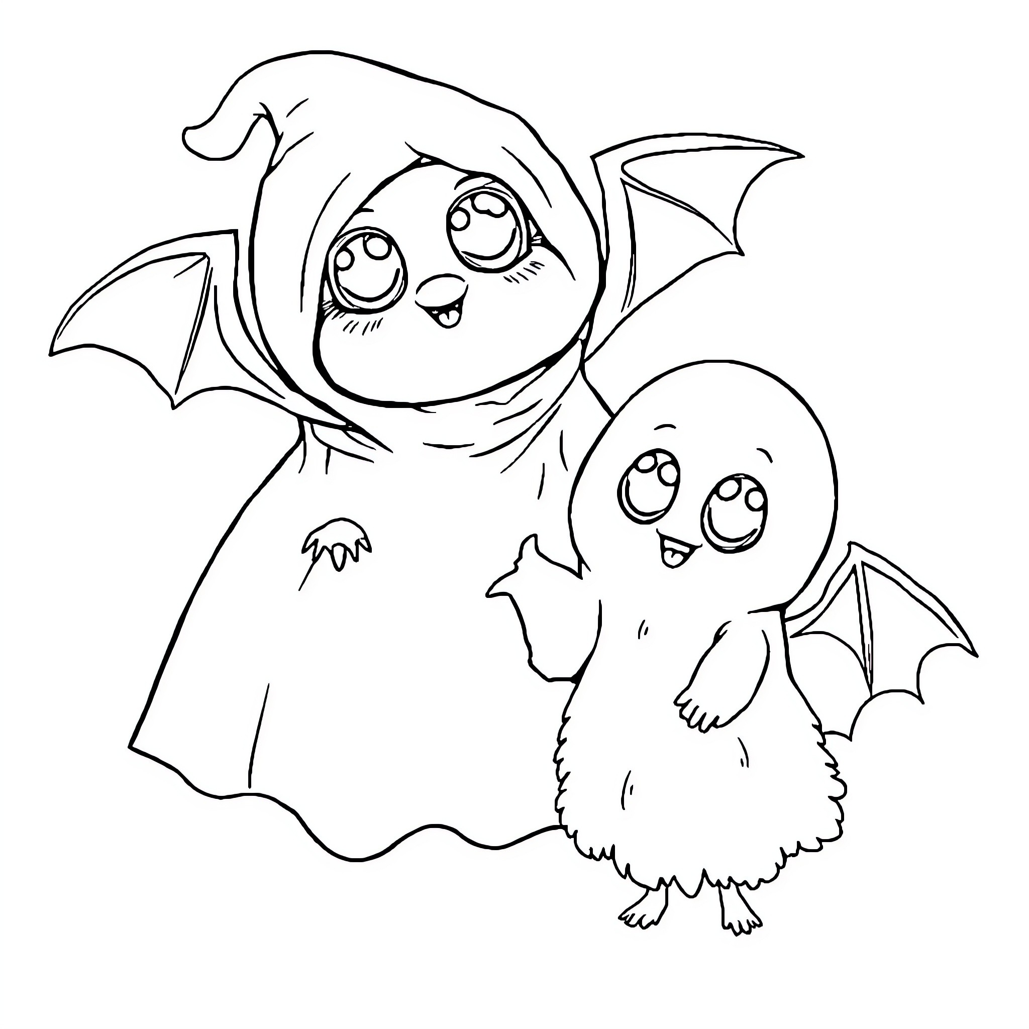 Bat friends flying happily together Coloring Page (free black-and-white line drawing printable PDF for all, from beginners to advanced learners, including children, teens, adults, and seniors)