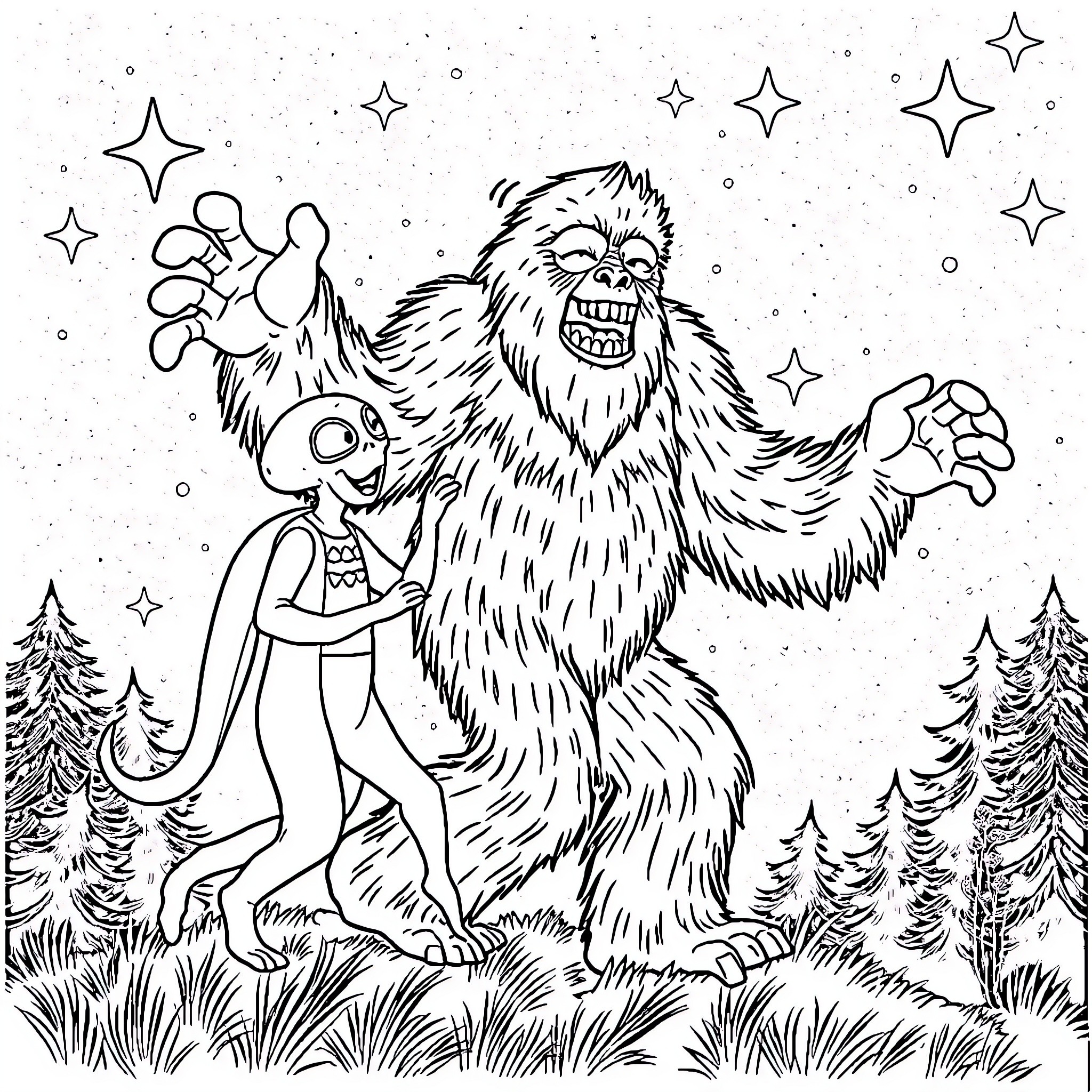 Bigfoot surprising a curious explorer in the woods Coloring Page (free black-and-white line drawing printable PDF for all, from beginners to advanced learners, including children, teens, adults, and seniors)
