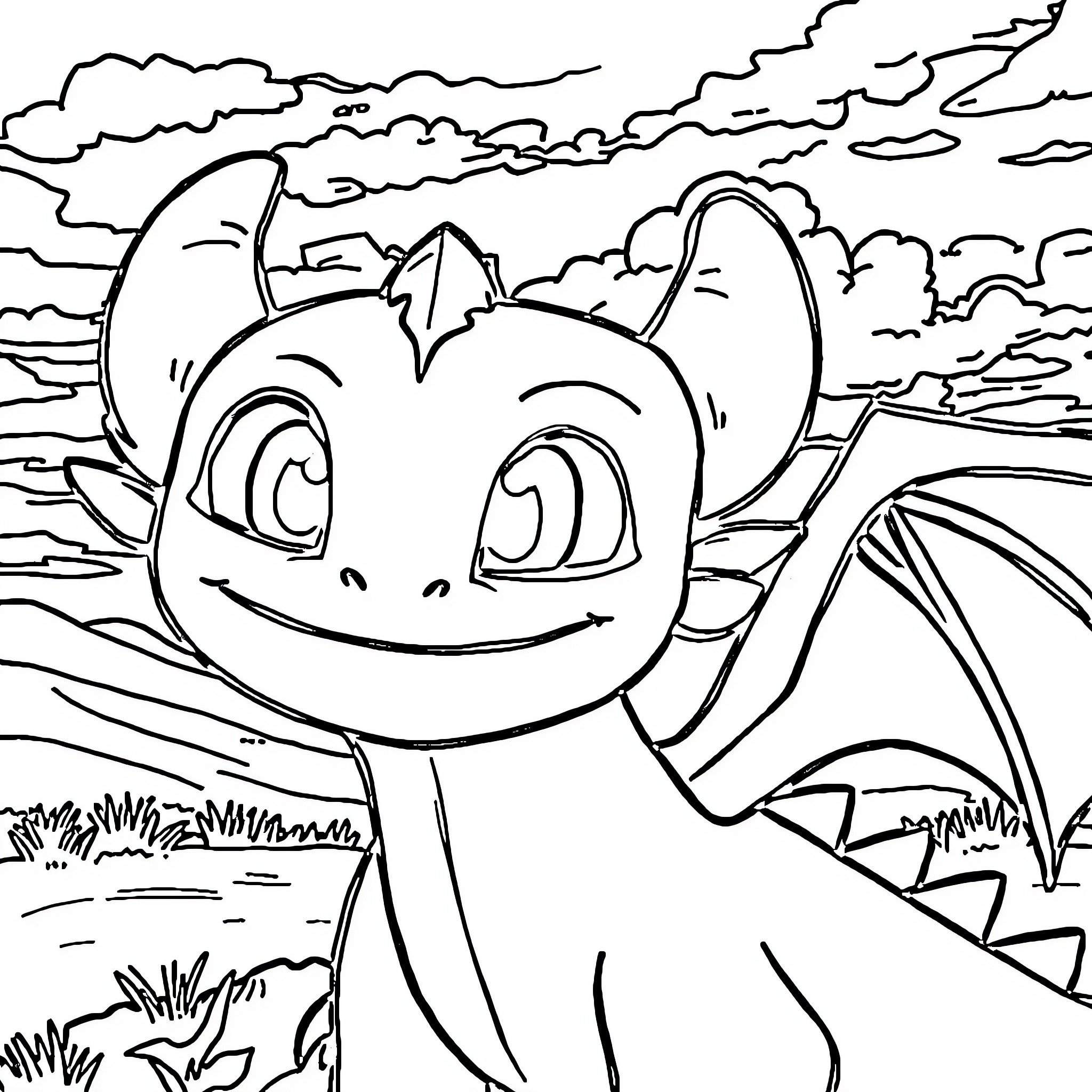 Toothless playful dragon in the cloud-filled sky Coloring Page (free black-and-white line drawing printable PDF for all, from beginners to advanced learners, including children, teens, adults, and seniors)