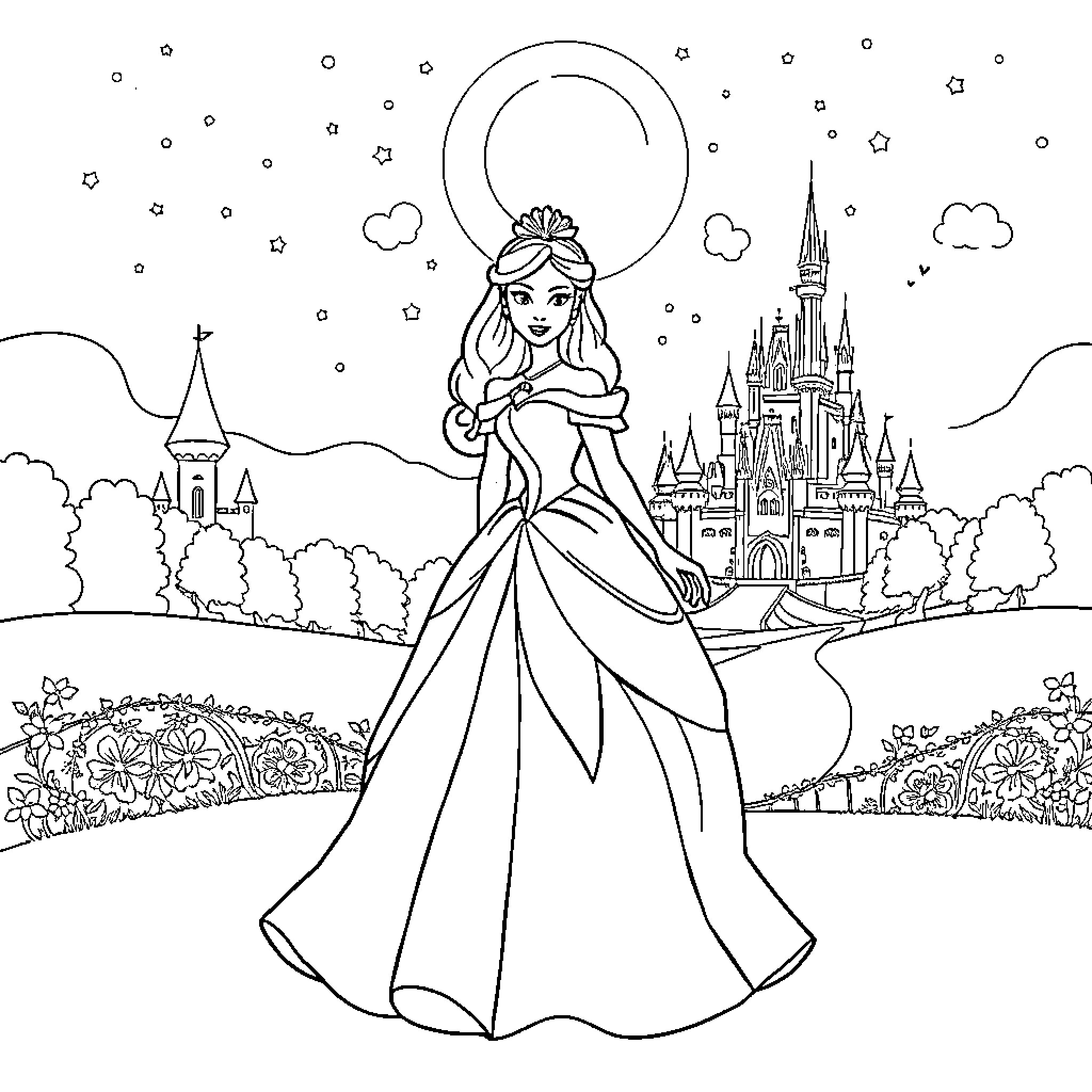 Disney Princess in a Dreamy Castle Landscape Coloring Page (free black-and-white line drawing printable PDF for all, from beginners to advanced learners, including children, teens, adults, and seniors)