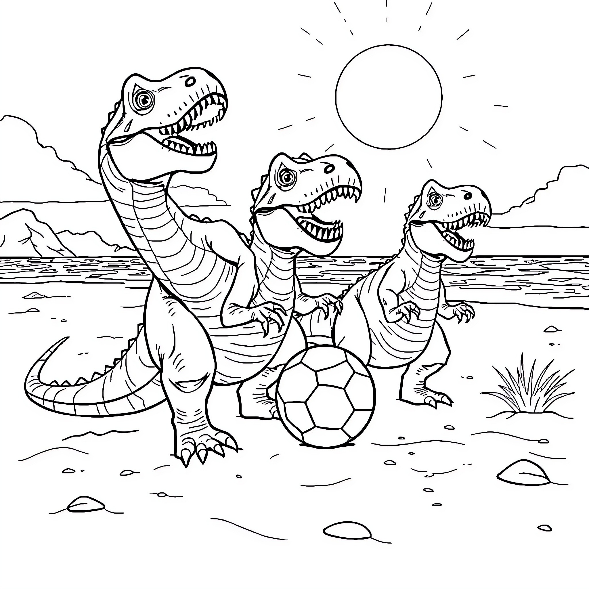 Dinosaurs playing with soccer ball on the beach Coloring Page (free black-and-white line drawing printable PDF for all, from beginners to advanced learners, including children, teens, adults, and seniors)
