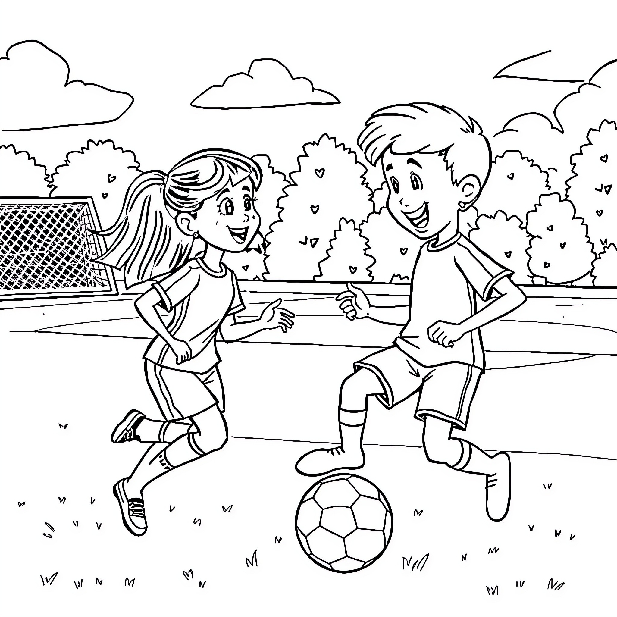 Gaby and her friend playing soccer outdoors Coloring Page (free black-and-white line drawing printable PDF for all, from beginners to advanced learners, including children, teens, adults, and seniors)