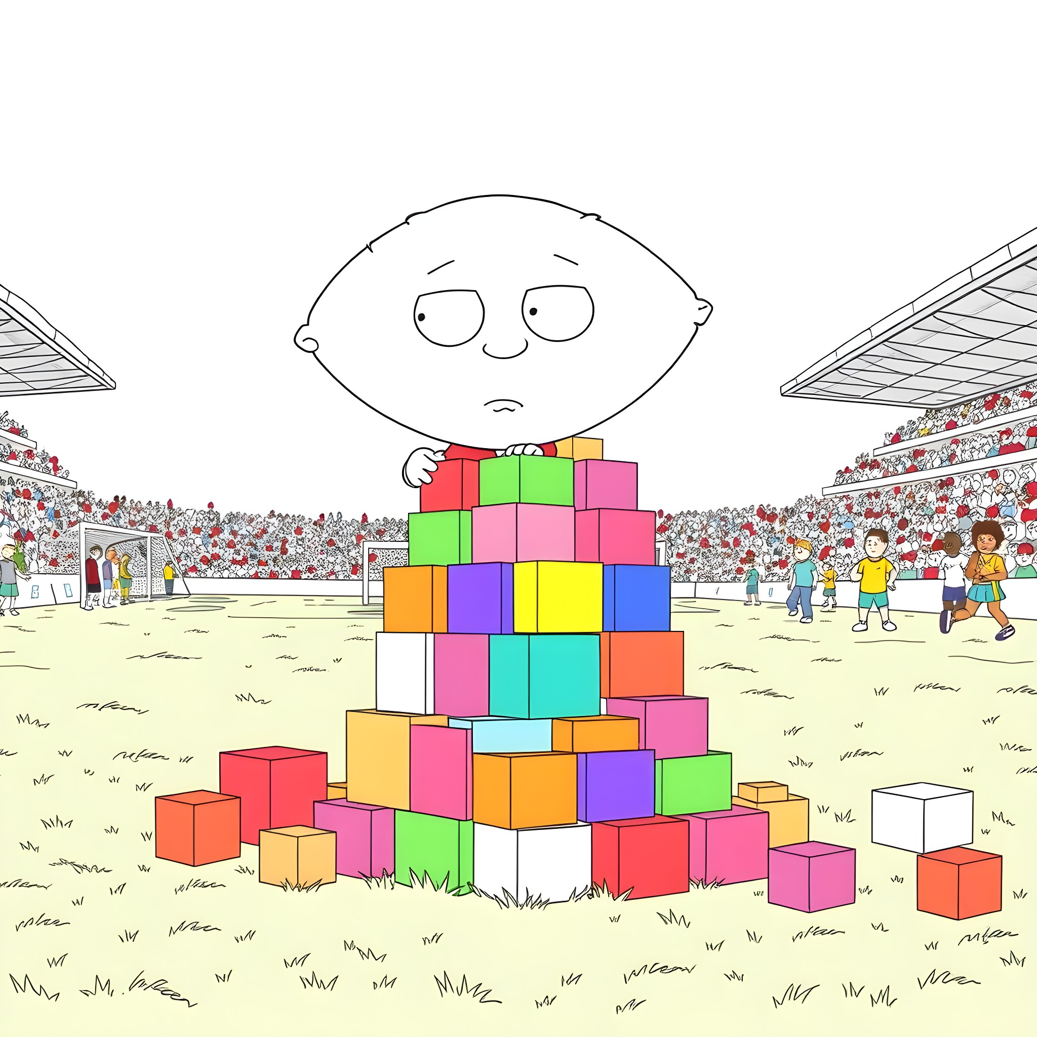 Stewie's Colorful Building Blocks Adventure Coloring Page (free black-and-white line drawing printable PDF for all, from beginners to advanced learners, including children, teens, adults, and seniors)