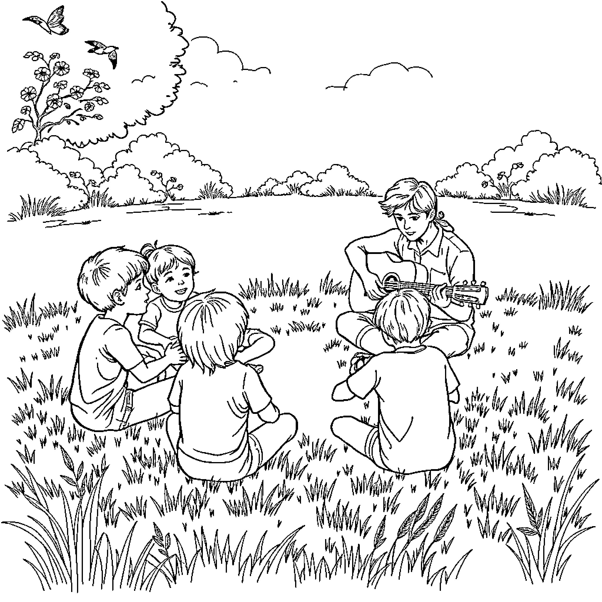 Children playing and exploring in the meadow Coloring Page (free black-and-white line drawing printable PDF for all, from beginners to advanced learners, including children, teens, adults, and seniors)