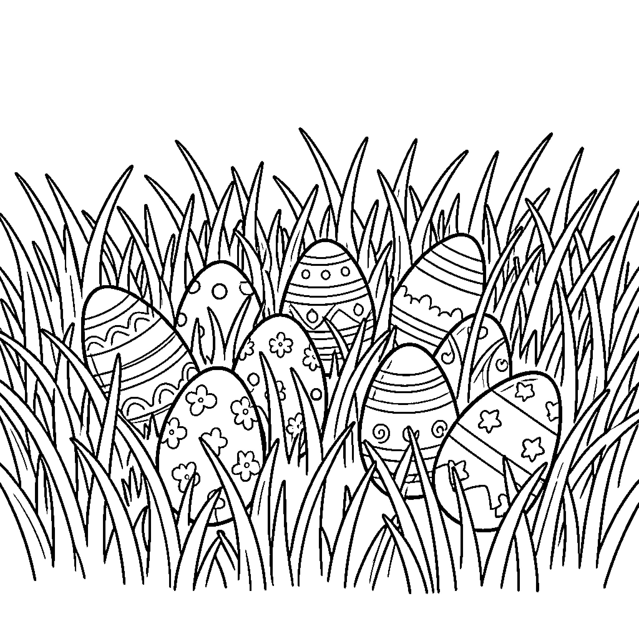 Easter Egg Hunt in the Grass Coloring Page (free black-and-white line drawing printable PDF for all, from beginners to advanced learners, including children, teens, adults, and seniors)