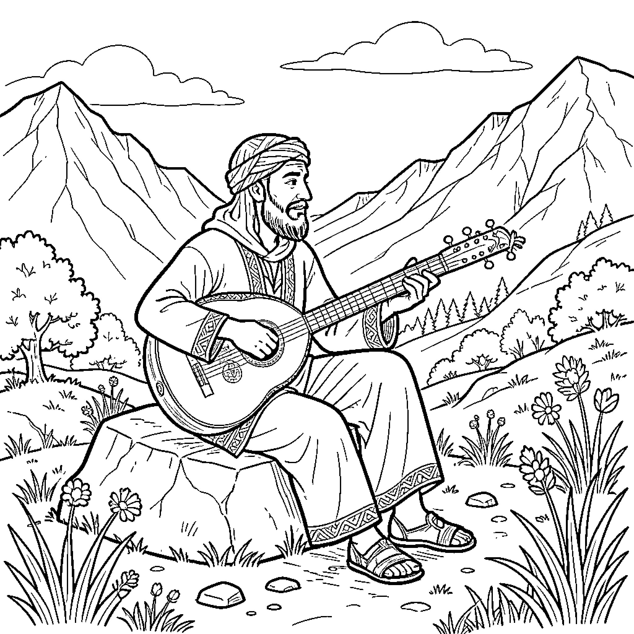 Kabyle man playing a stringed instrument in nature Coloring Page (free black-and-white line drawing printable PDF for all, from beginners to advanced learners, including children, teens, adults, and seniors)