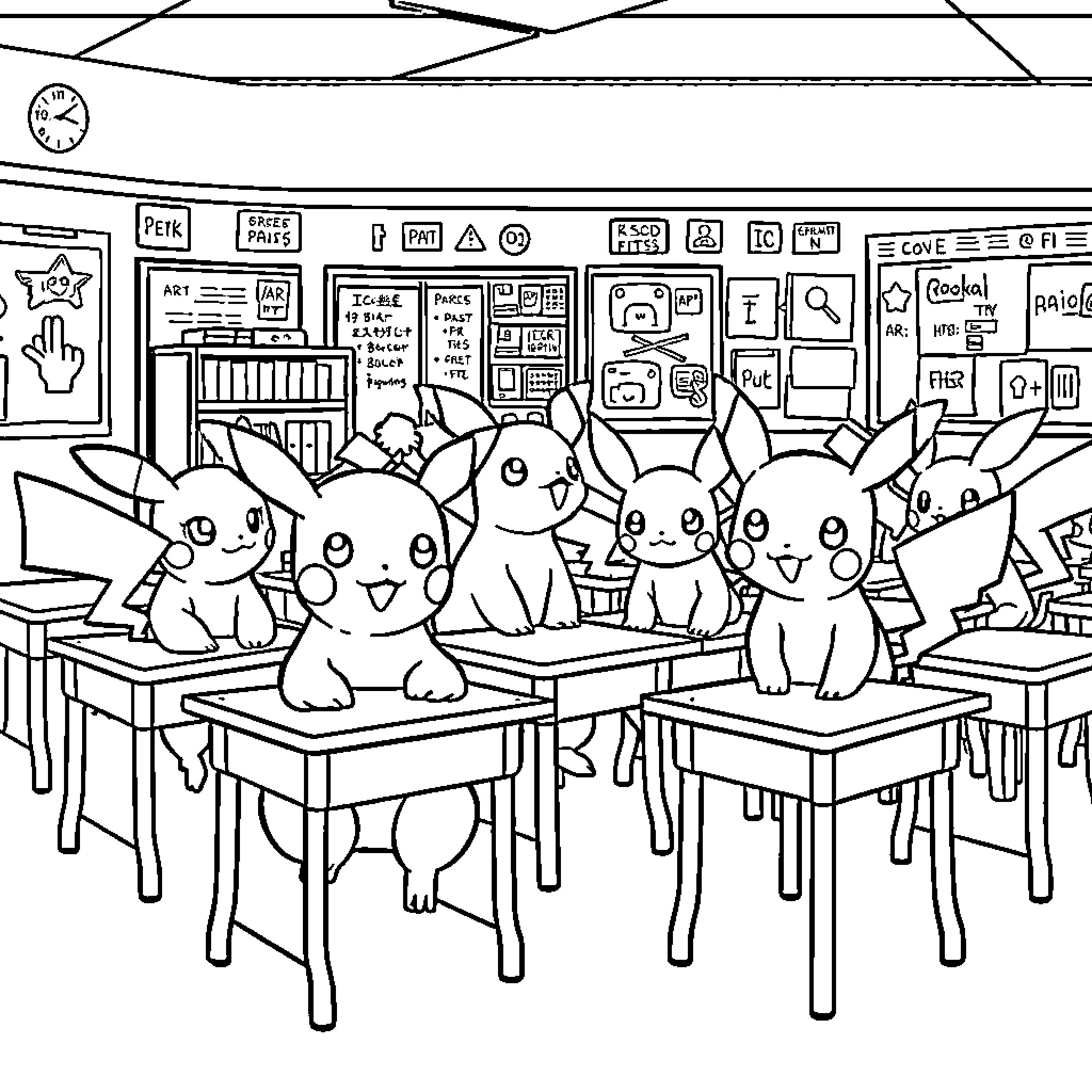 Pokémon Classroom: Adorable Creatures Gathering in School Coloring Page (free black-and-white line drawing printable PDF for all, from beginners to advanced learners, including children, teens, adults, and seniors)
