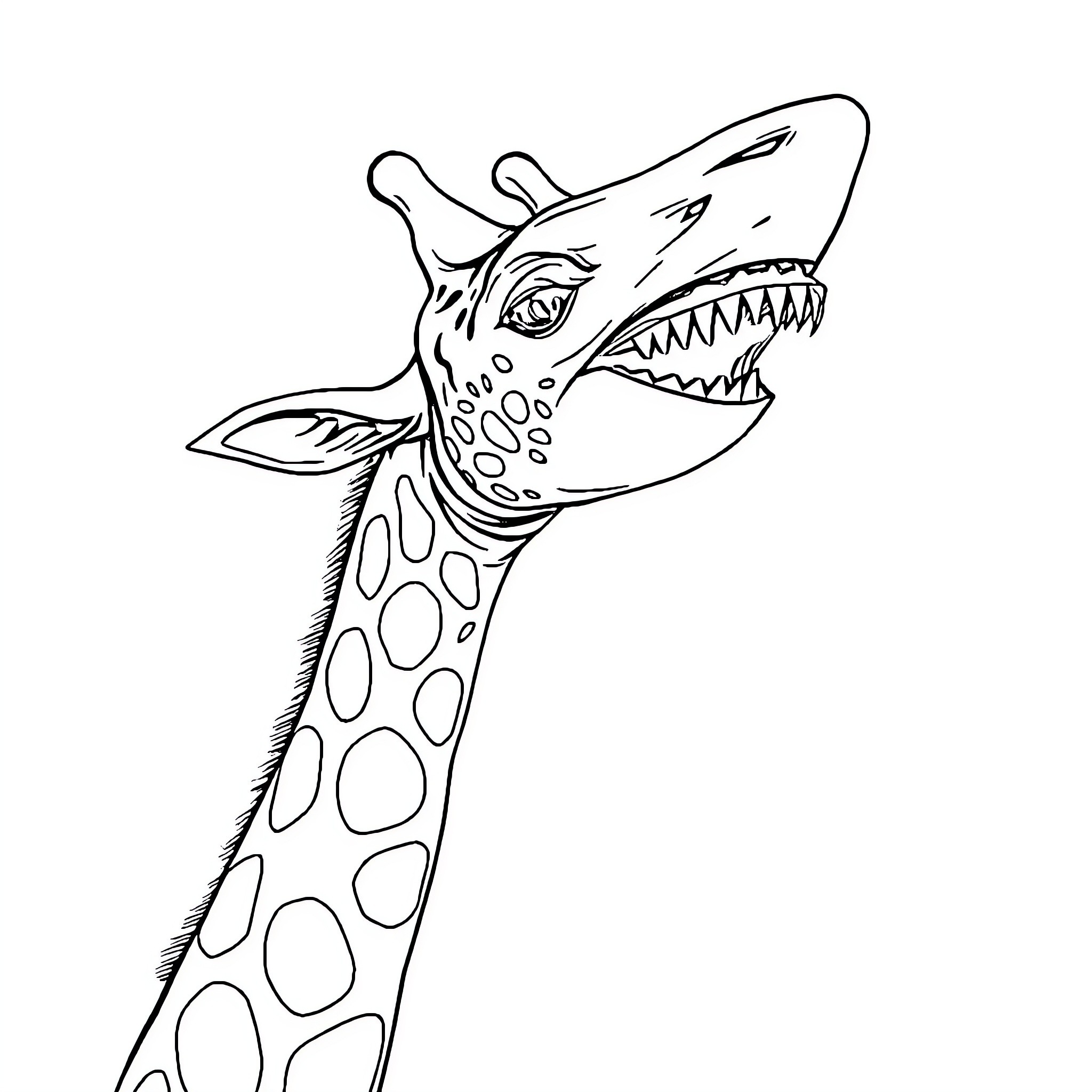 Shark Giraffe with Ferocious Expression Coloring Page (free black-and-white line drawing printable PDF for all, from beginners to advanced learners, including children, teens, adults, and seniors)