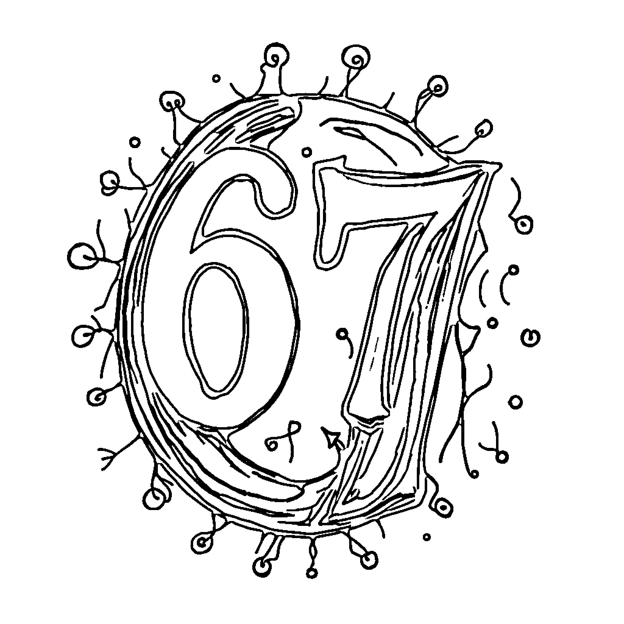 67 Fanciful Birthday Number Illustration Coloring Page (free black-and-white line drawing printable PDF for all, from beginners to advanced learners, including children, teens, adults, and seniors)