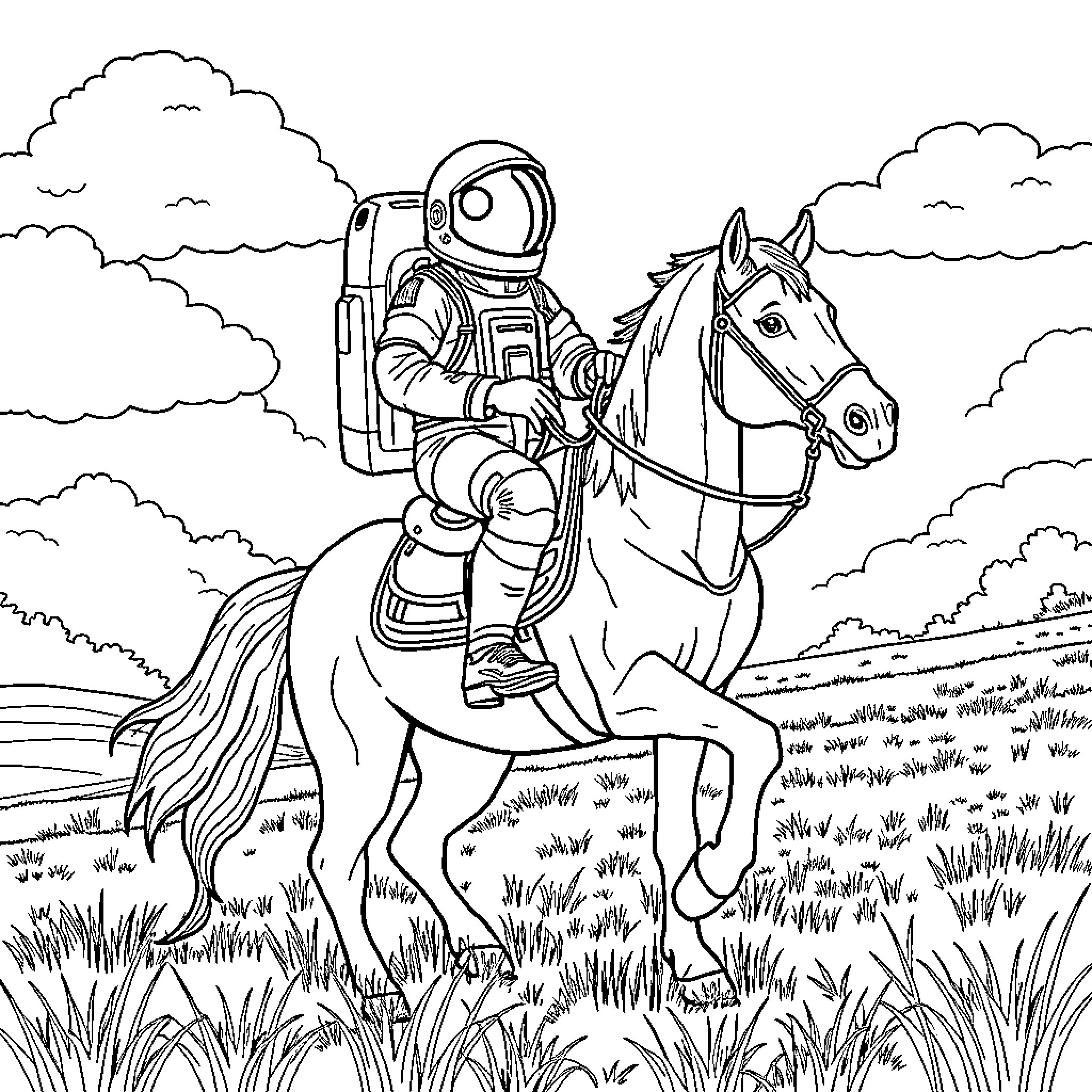Astronaut riding a horse through the grassy field Coloring Page (free black-and-white line drawing printable PDF for all, from beginners to advanced learners, including children, teens, adults, and seniors)