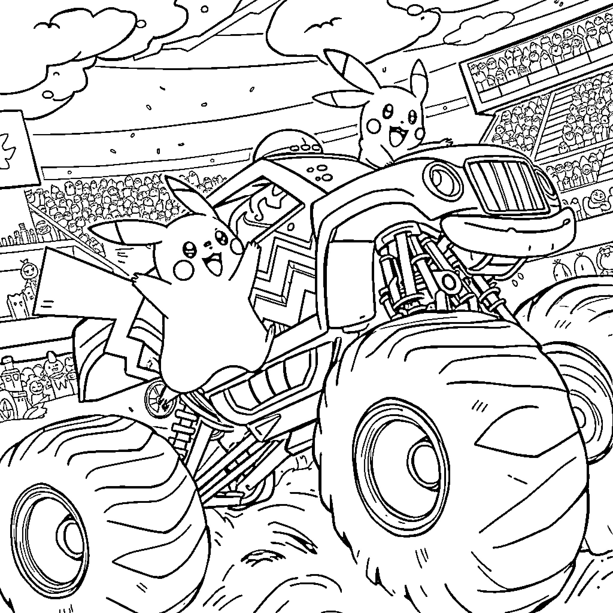 Kirby riding a monster truck through the countryside Coloring Page (free black-and-white line drawing printable PDF for all, from beginners to advanced learners, including children, teens, adults, and seniors)