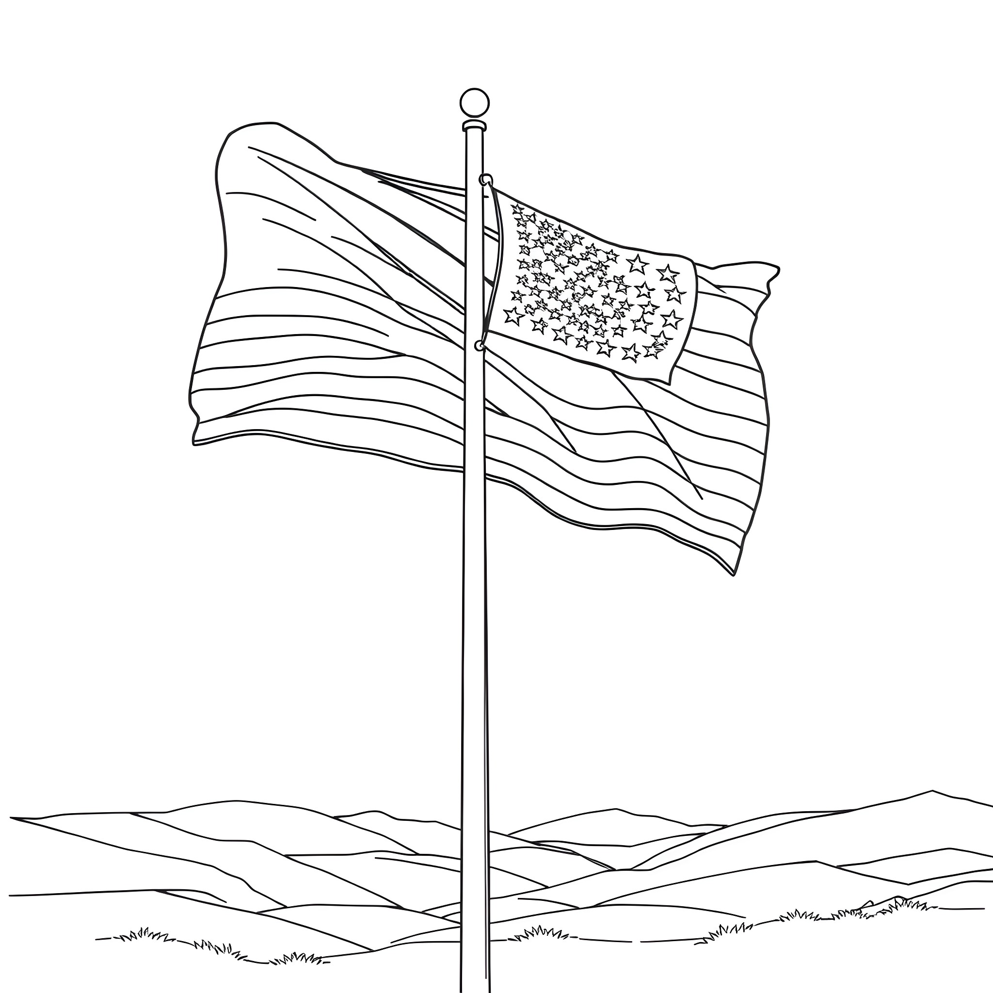 Flag waving proudly in the breeze Coloring Page (free black-and-white line drawing printable PDF for all, from beginners to advanced learners, including children, teens, adults, and seniors)