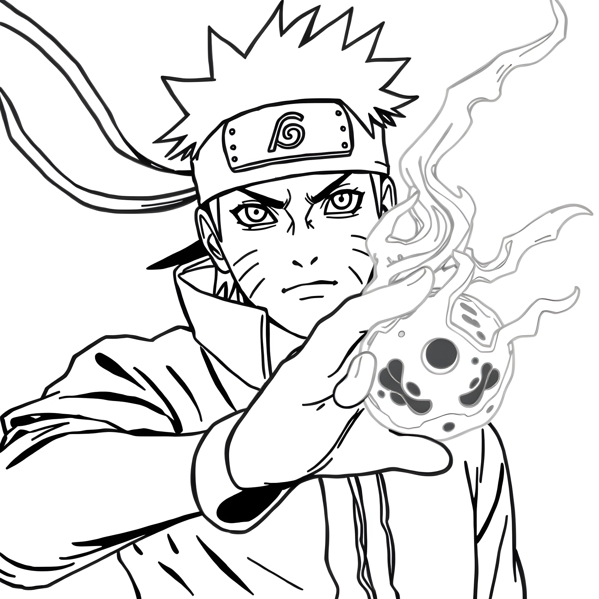 Naruto using powerful jutsu in action scene Coloring Page (free black-and-white line drawing printable PDF for all, from beginners to advanced learners, including children, teens, adults, and seniors)