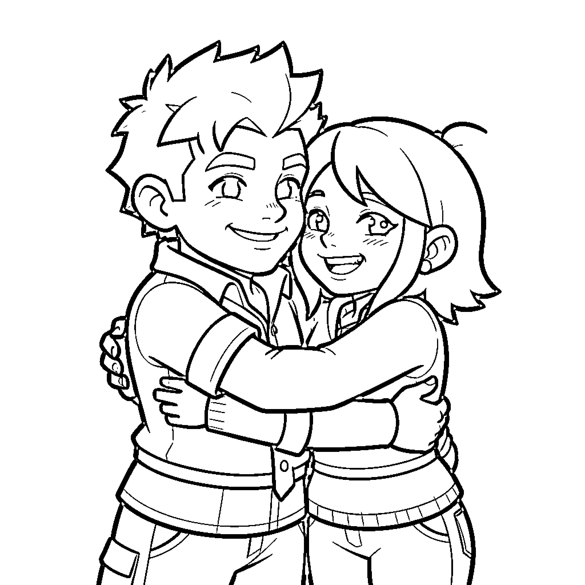 Leon hugging a smiling girl affectionately Coloring Page (free black-and-white line drawing printable PDF for all, from beginners to advanced learners, including children, teens, adults, and seniors)