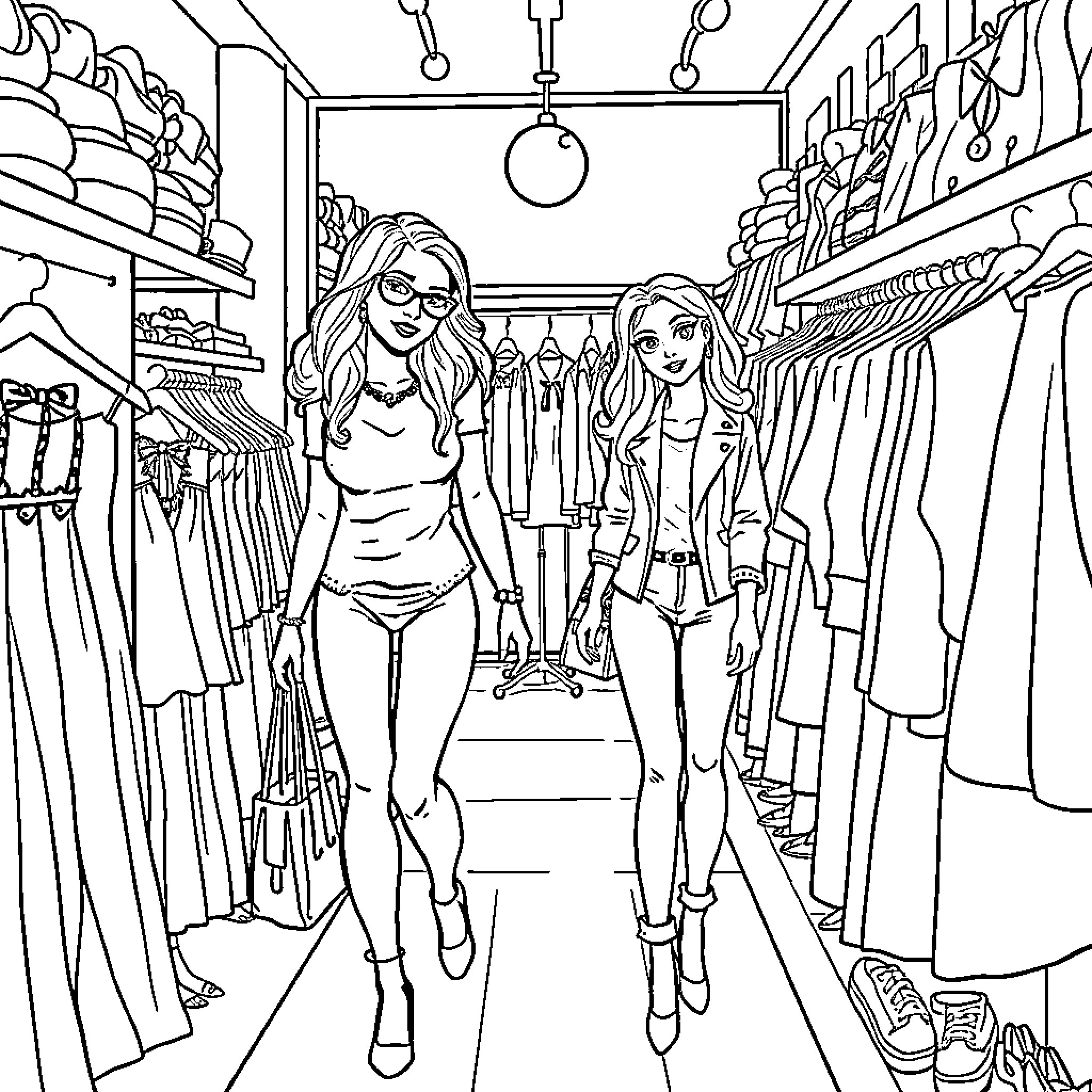 Buffy and Friends Shop for Stylish Outfits Coloring Page (free black-and-white line drawing printable PDF for all, from beginners to advanced learners, including children, teens, adults, and seniors)