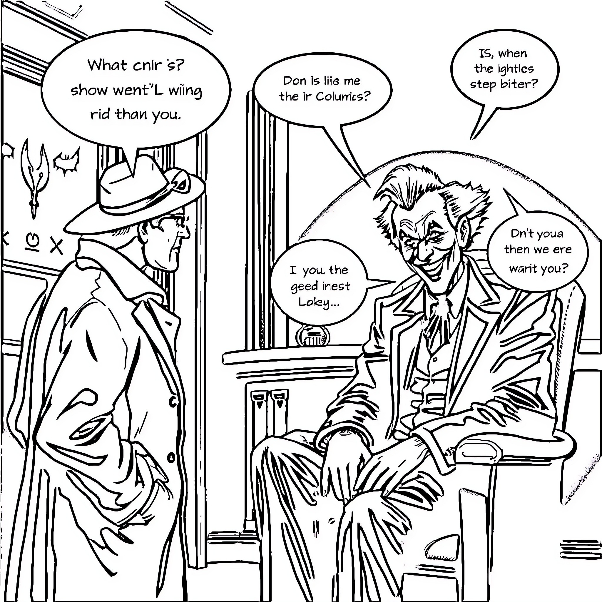 Columbo's Clever Quips and Criminal Conundrums Coloring Page (free black-and-white line drawing printable PDF for all, from beginners to advanced learners, including children, teens, adults, and seniors)