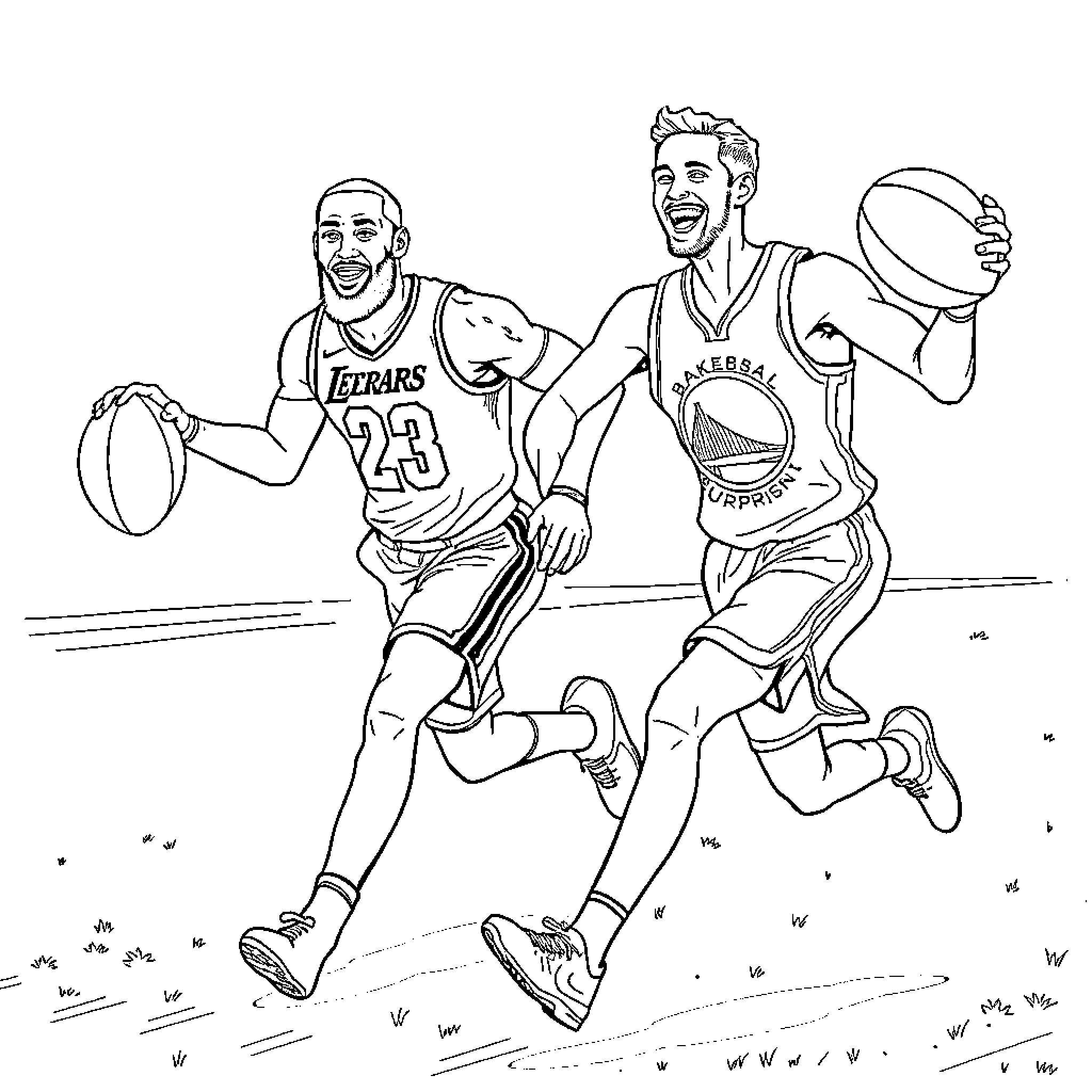 LeBron James and Stephen Curry Engaging in Animated Basketball Game Coloring Page (free black-and-white line drawing printable PDF for all, from beginners to advanced learners, including children, teens, adults, and seniors)