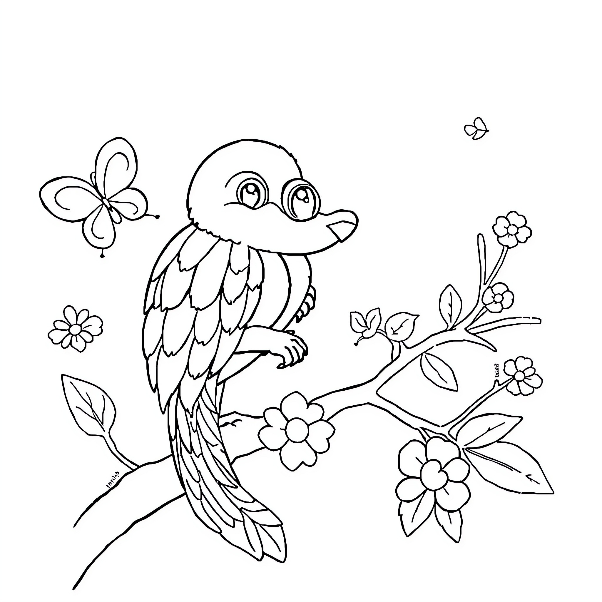 Animal playing among flowers and butterflies Coloring Page (free black-and-white line drawing printable PDF for all, from beginners to advanced learners, including children, teens, adults, and seniors)