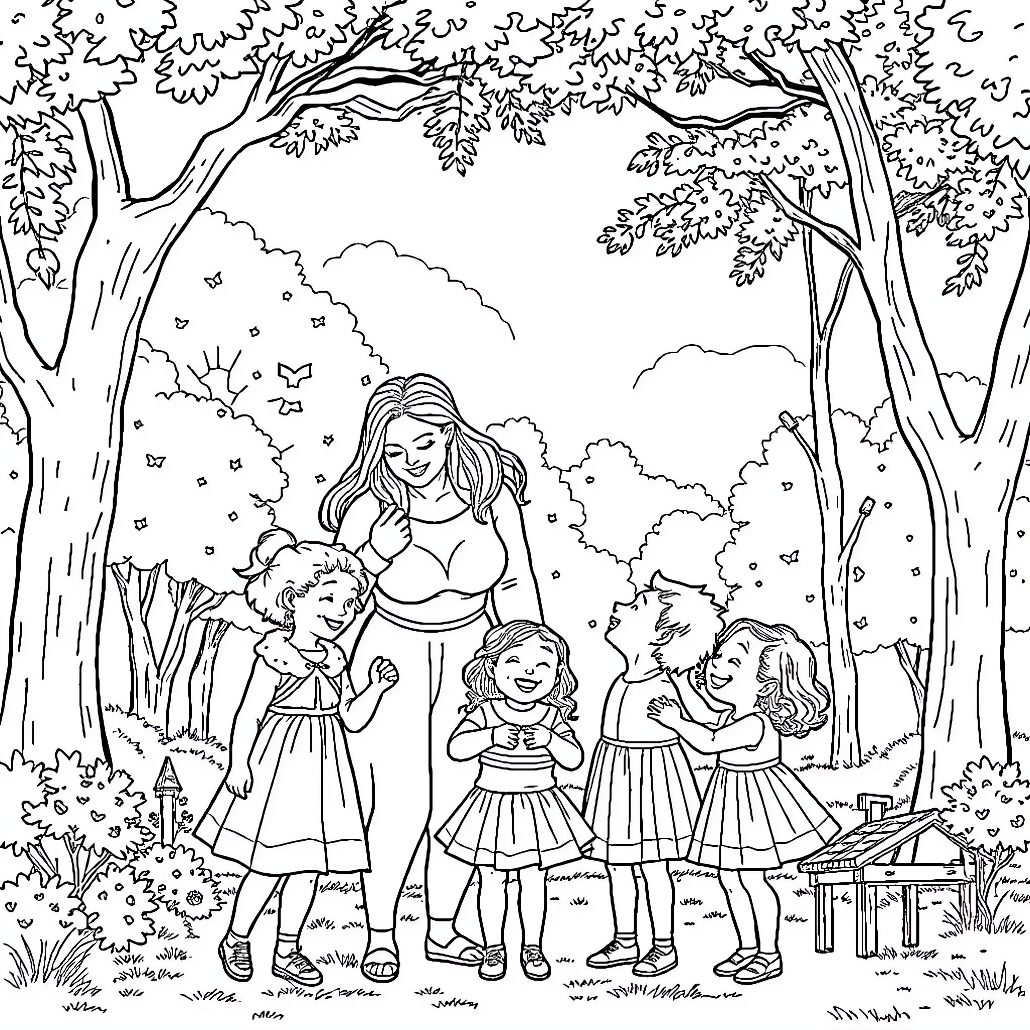 Wanda and her daughters explore the enchanted forest Coloring Page (free black-and-white line drawing printable PDF for all, from beginners to advanced learners, including children, teens, adults, and seniors)