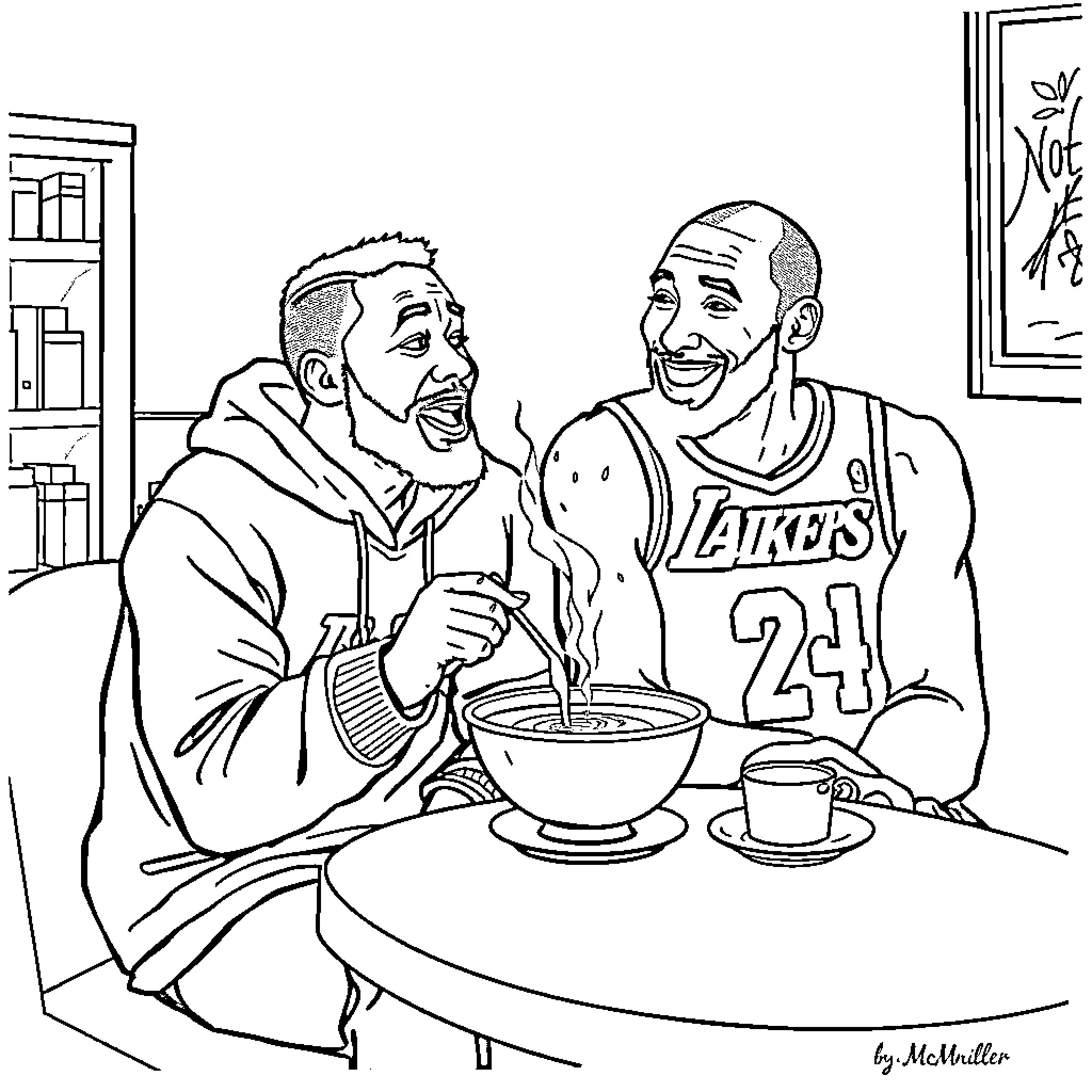 Mac Miller enjoys casual conversation over a warm meal Coloring Page (free black-and-white line drawing printable PDF for all, from beginners to advanced learners, including children, teens, adults, and seniors)