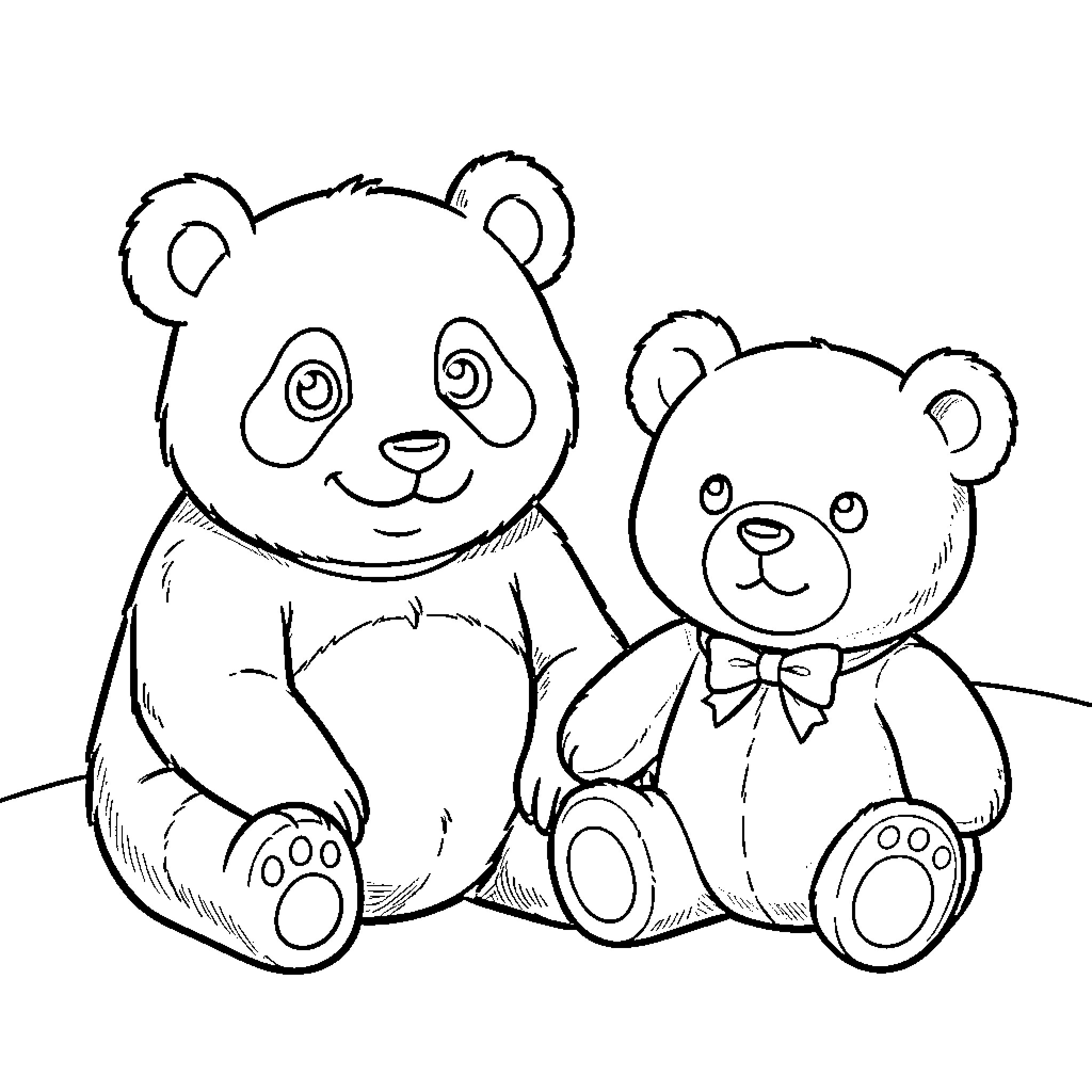 Panda bears sitting together with bow ties Coloring Page (free black-and-white line drawing printable PDF for all, from beginners to advanced learners, including children, teens, adults, and seniors)