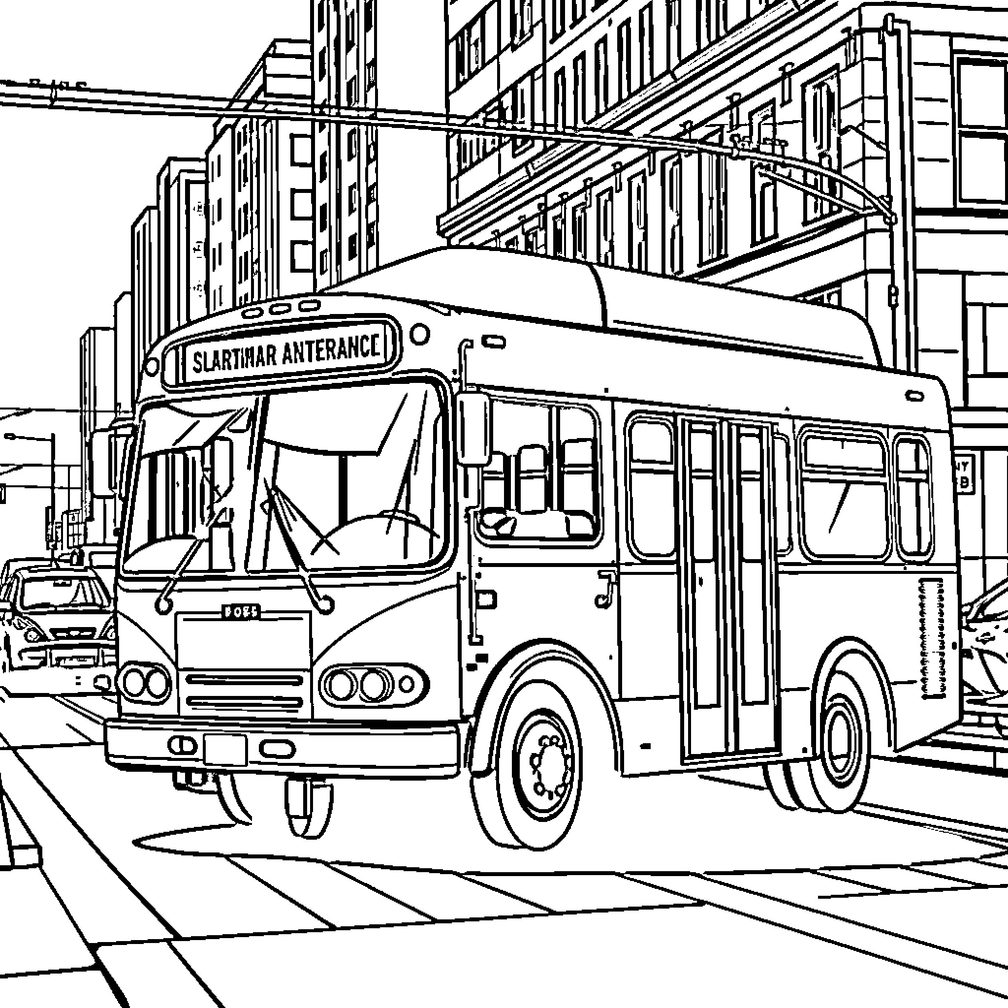 Bus Traveling on the Urban Street Coloring Page (free black-and-white line drawing printable PDF for all, from beginners to advanced learners, including children, teens, adults, and seniors)